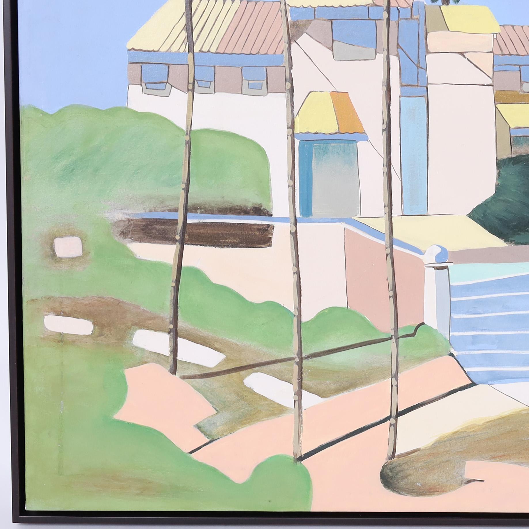 American Large Modernist Painting on Canvas of a Beach House For Sale