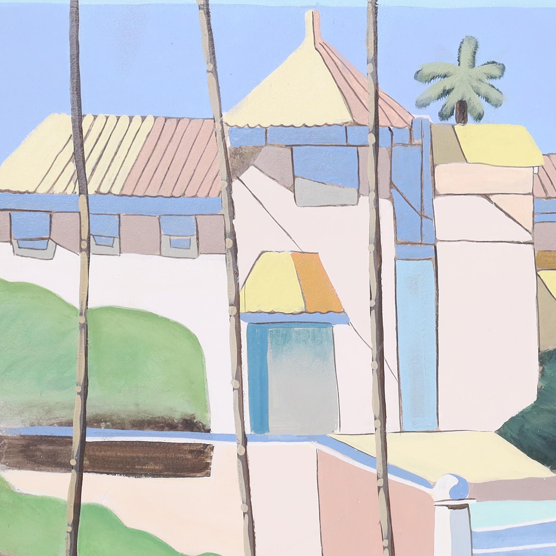 Hand-Painted Large Modernist Painting on Canvas of a Beach House For Sale
