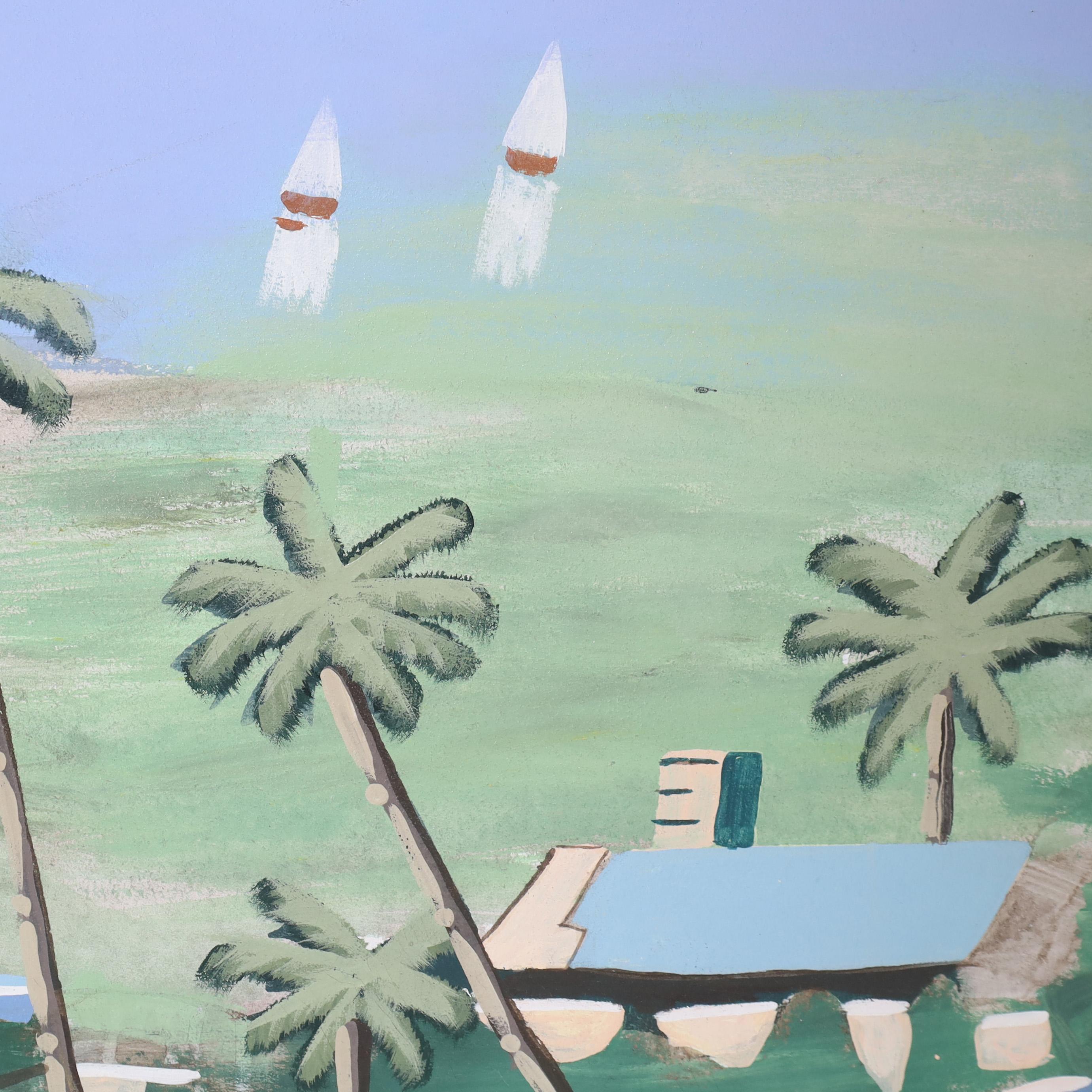 20ième siècle Grande peinture moderniste sur toile d'une maison de plage en vente