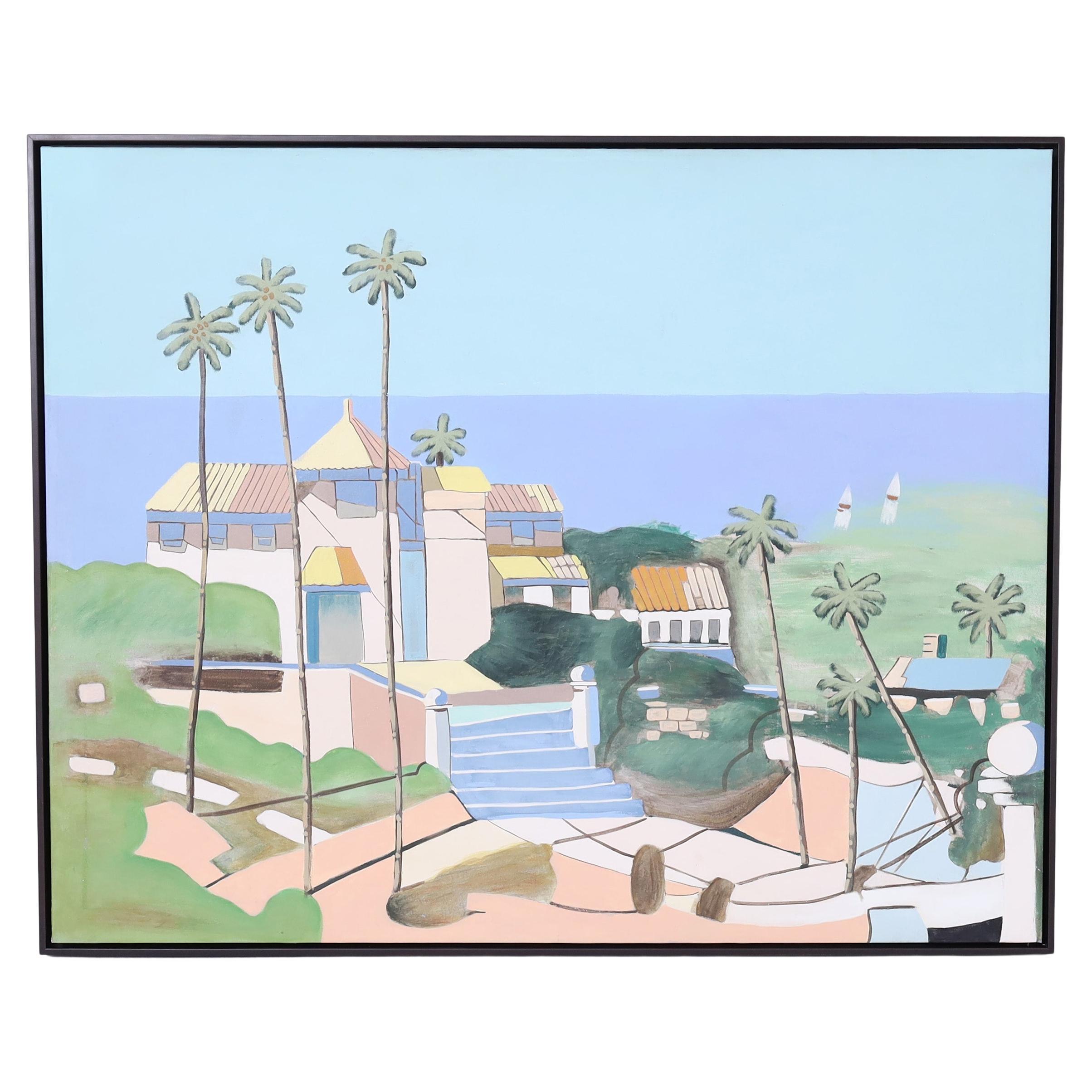 Large Modernist Painting on Canvas of a Beach House For Sale