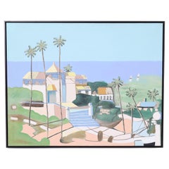 Vintage Large Modernist Painting on Canvas of a Beach House
