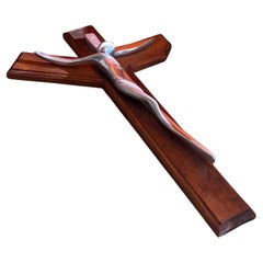 Large Modernist Pewter on Wood "Good Triumphed Evil" Serpentine Crucifix