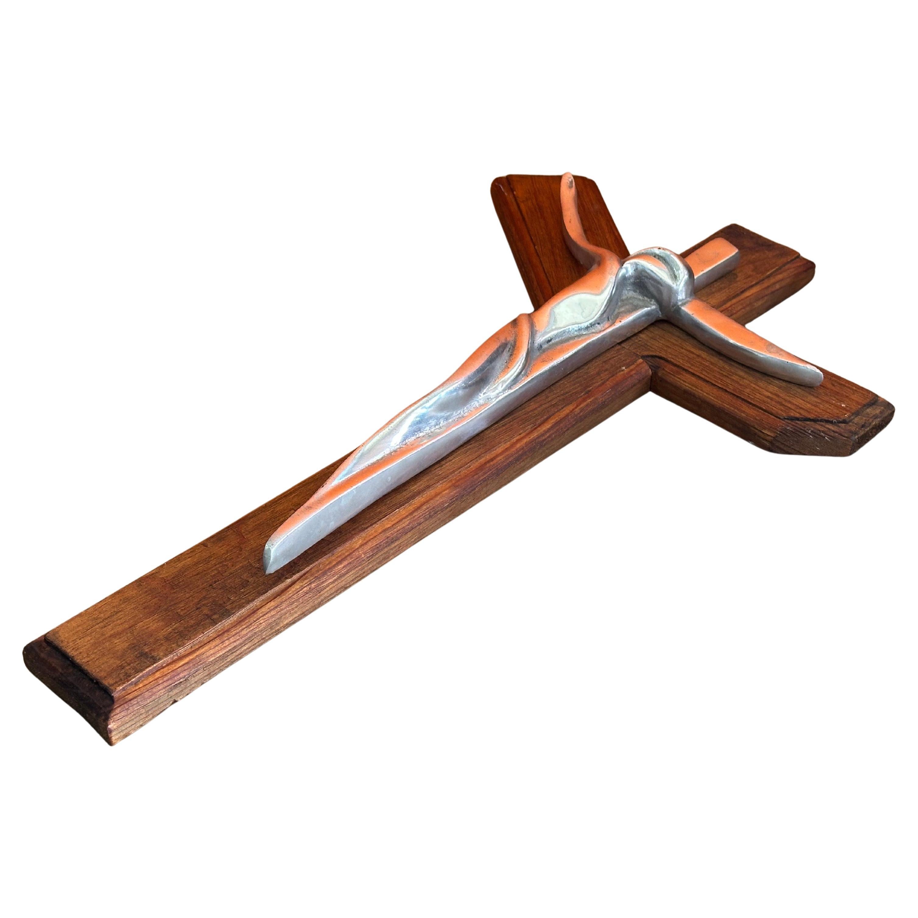 Hand-Carved Large Modernist Pewter on Wood 