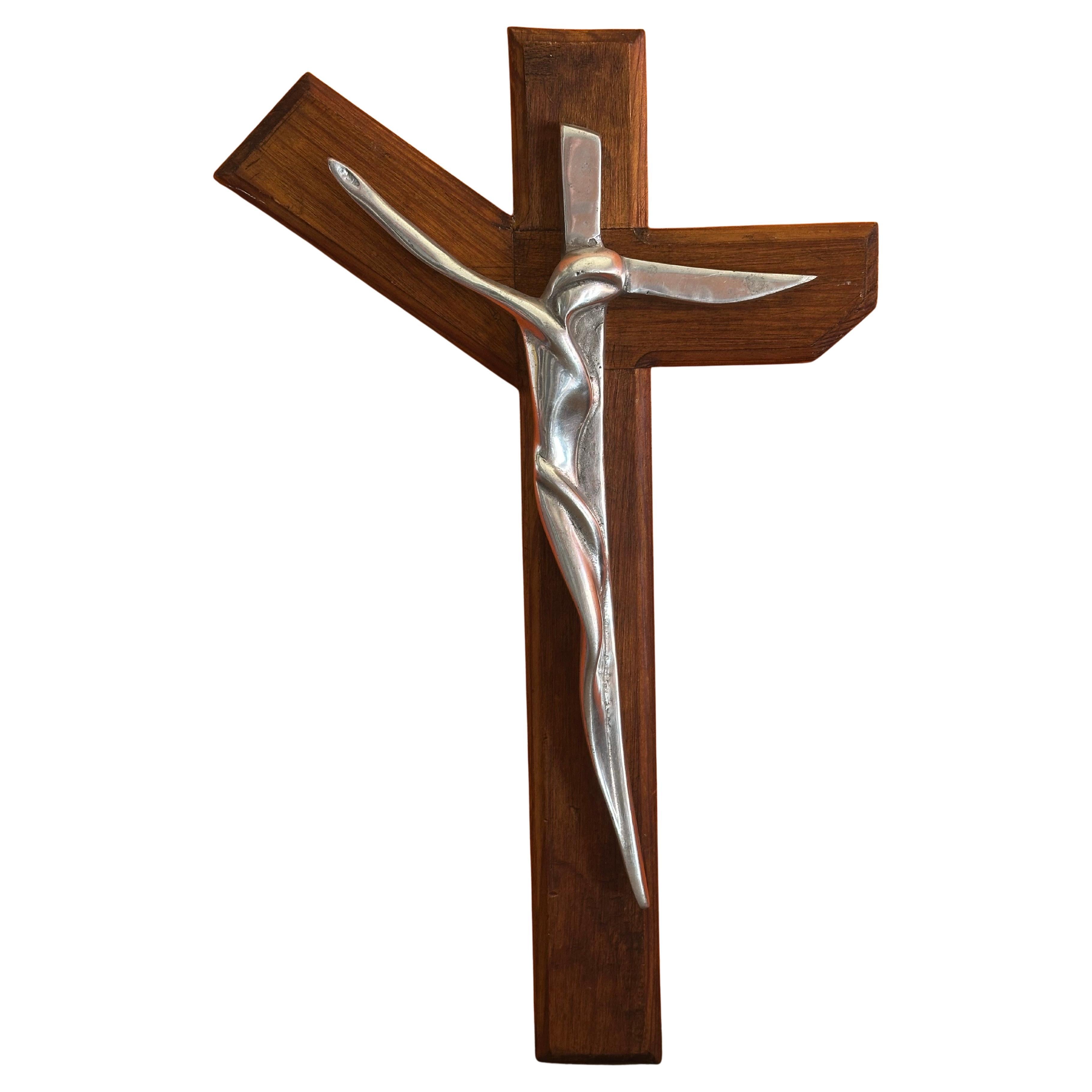 Large Modernist Pewter on Wood "Good Triumphed Evil" Serpentine Crucifix For Sale