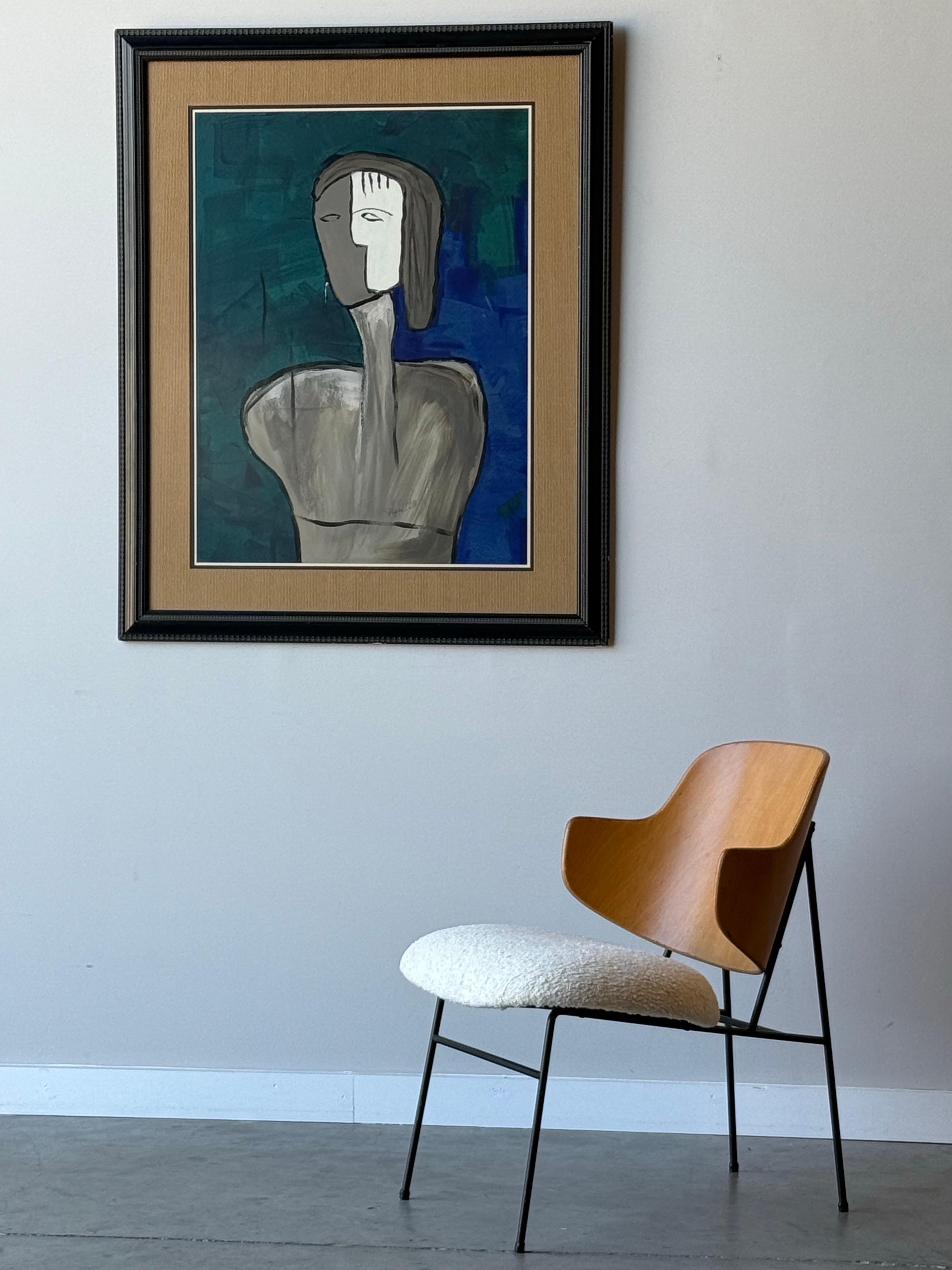 Massives modernistisches Porträtkunstwerk in fantastischem Rahmen. In der Mitte des Gemäldes ist eine Figur in Grau mit einem weißen Akzent dargestellt. Der Hintergrund besteht aus kühlen Tönen in verschiedenen Blau- und Grüntönen. Die Matte und der