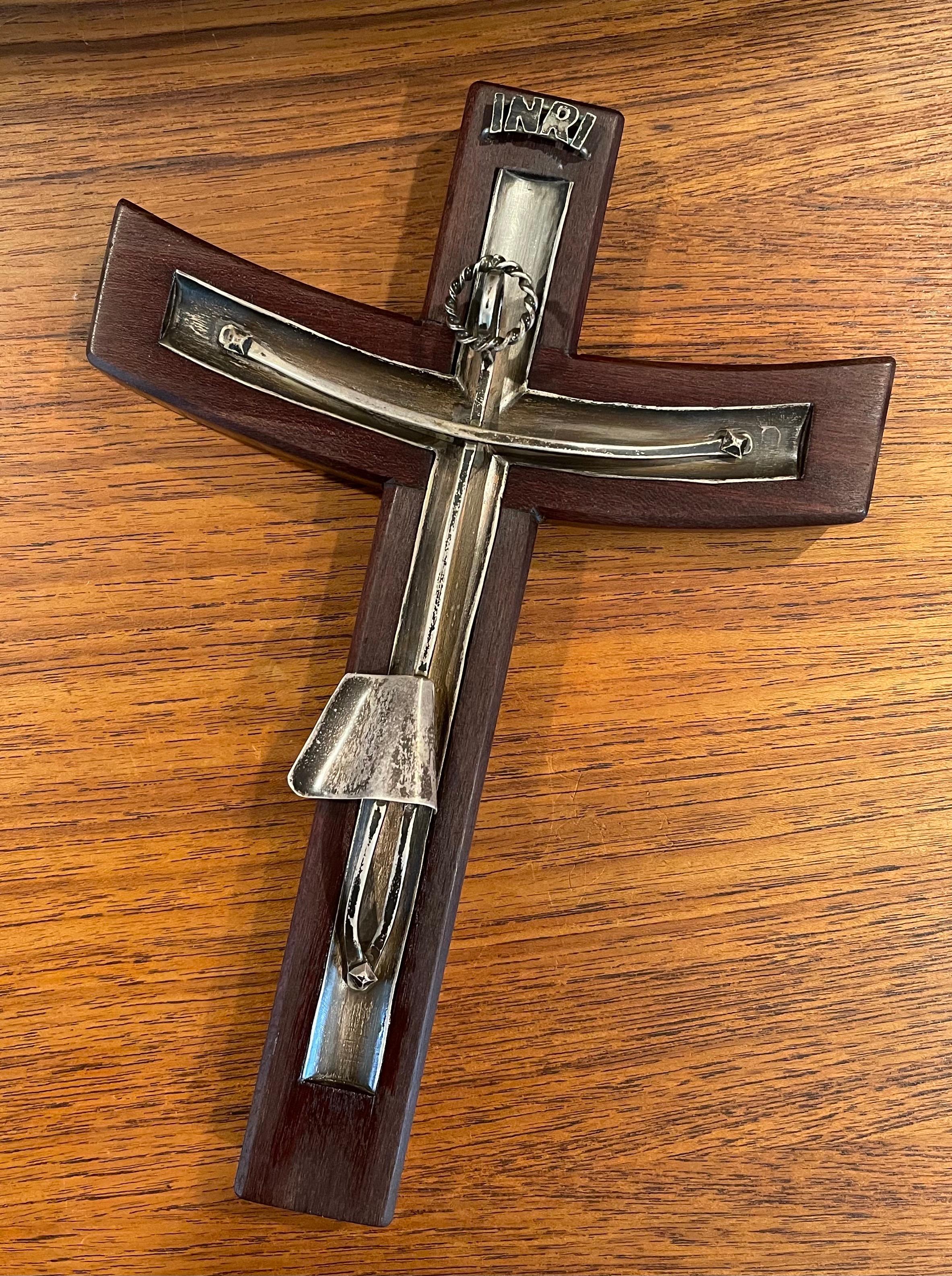 Large Modernist Rosewood & Sterling Silver Crucifix / Cross by Taxco 3