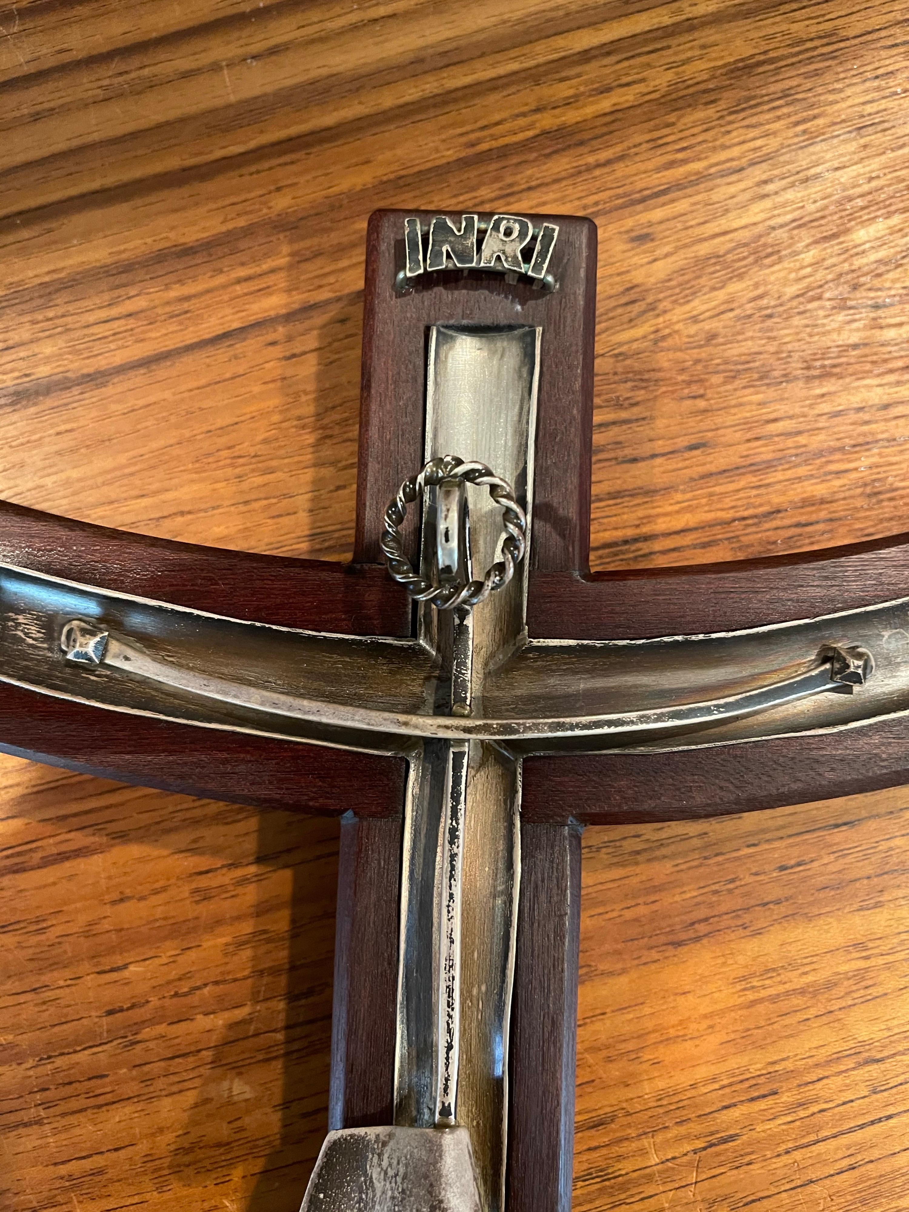 Mid-Century Modern Large Modernist Rosewood & Sterling Silver Crucifix / Cross by Taxco