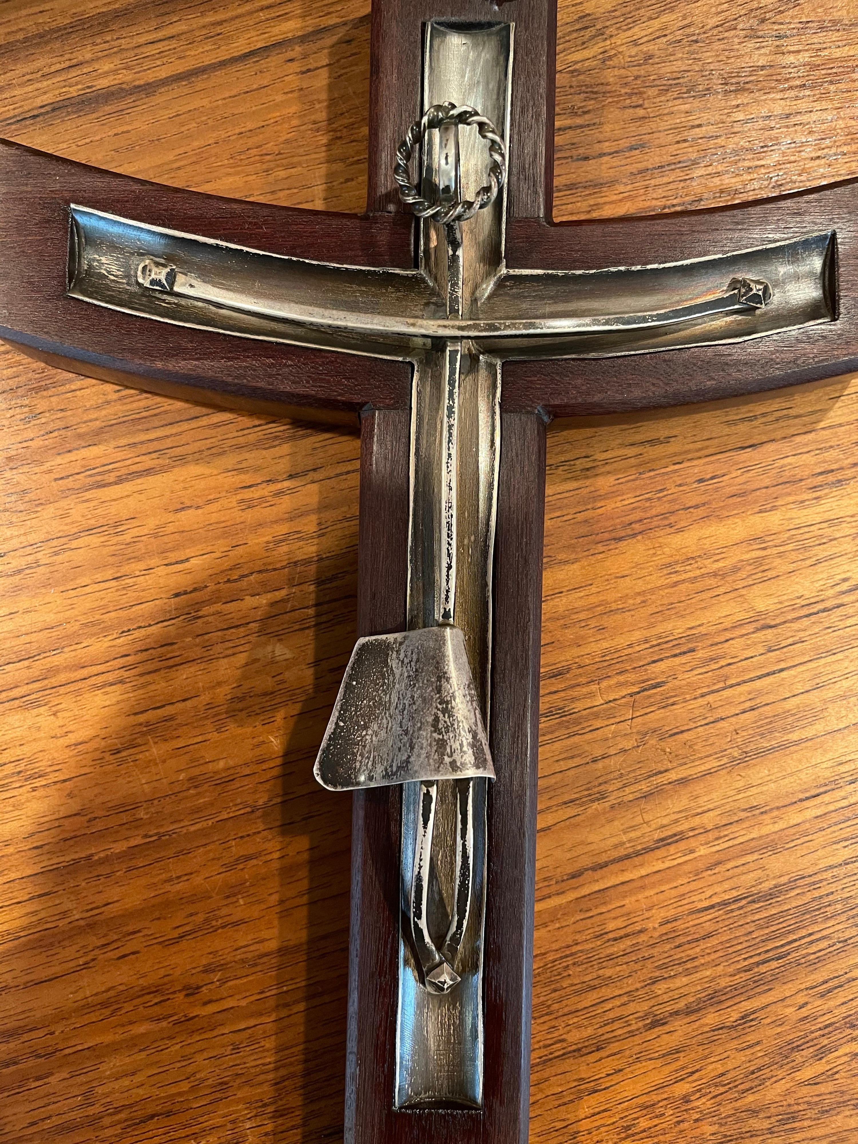 Mexican Large Modernist Rosewood & Sterling Silver Crucifix / Cross by Taxco