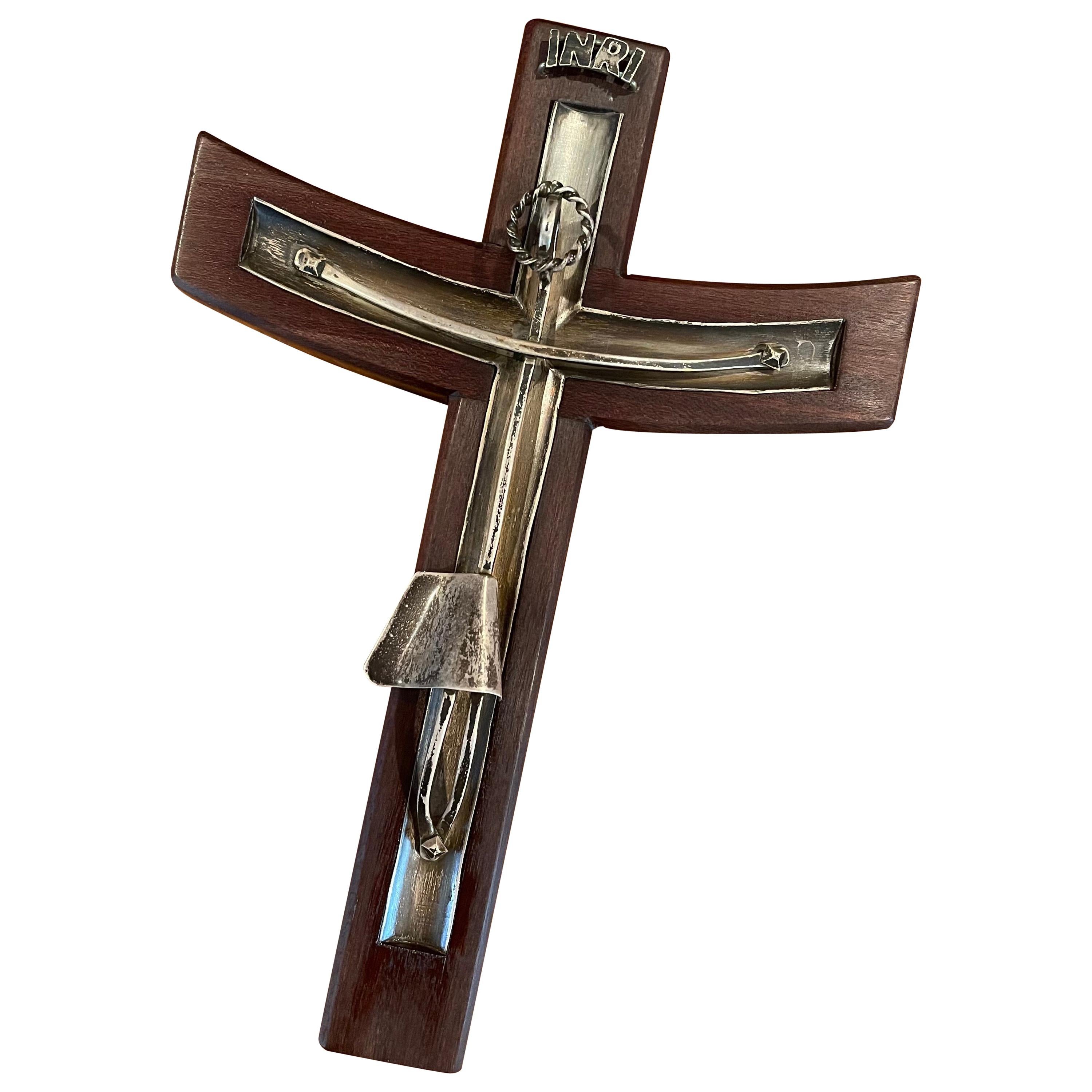 Large Modernist Rosewood & Sterling Silver Crucifix / Cross by Taxco