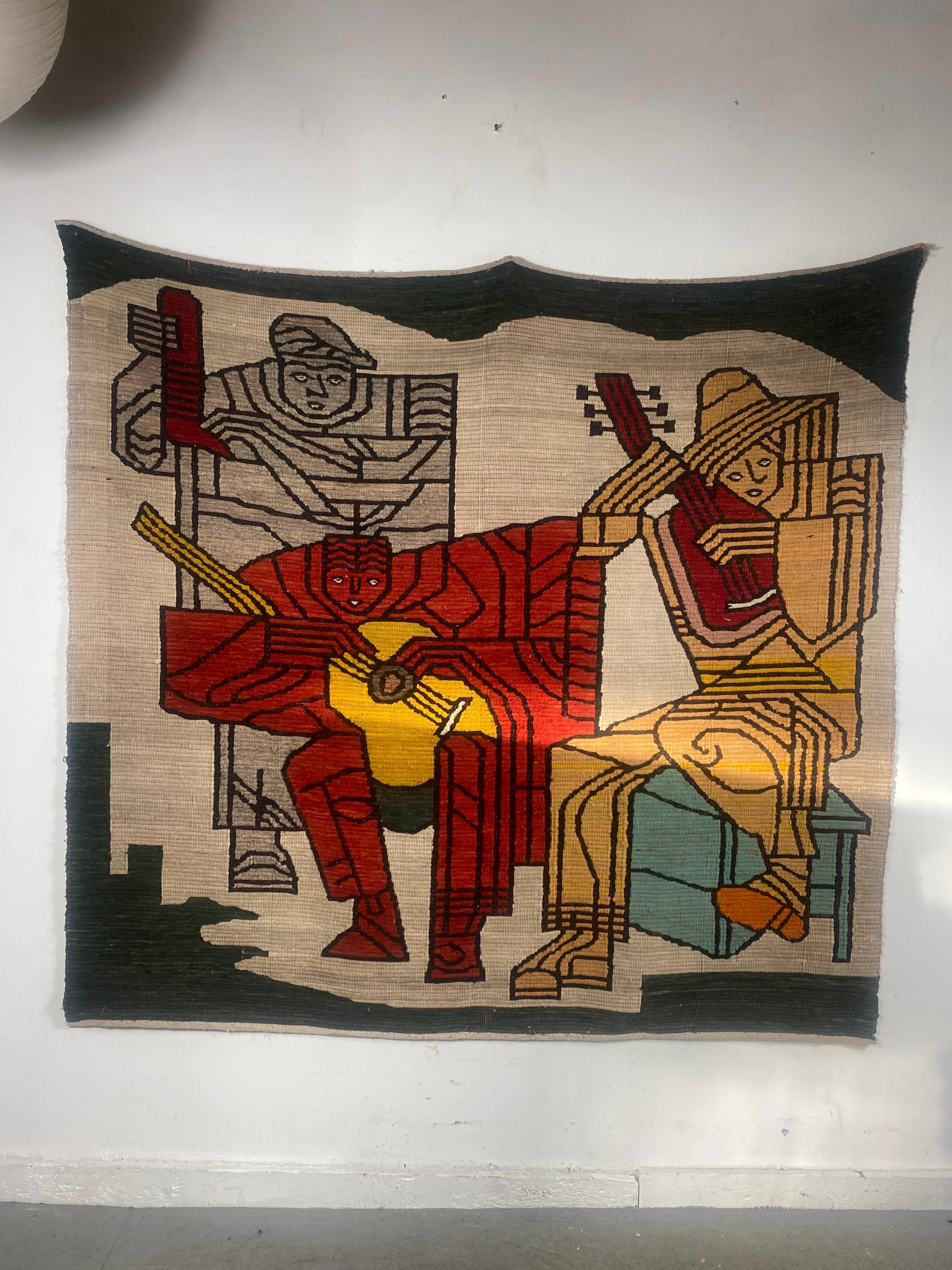 Large Modernist Rug / Weaving, Depicting 3 Musicians, Hand Loomed For Sale 7