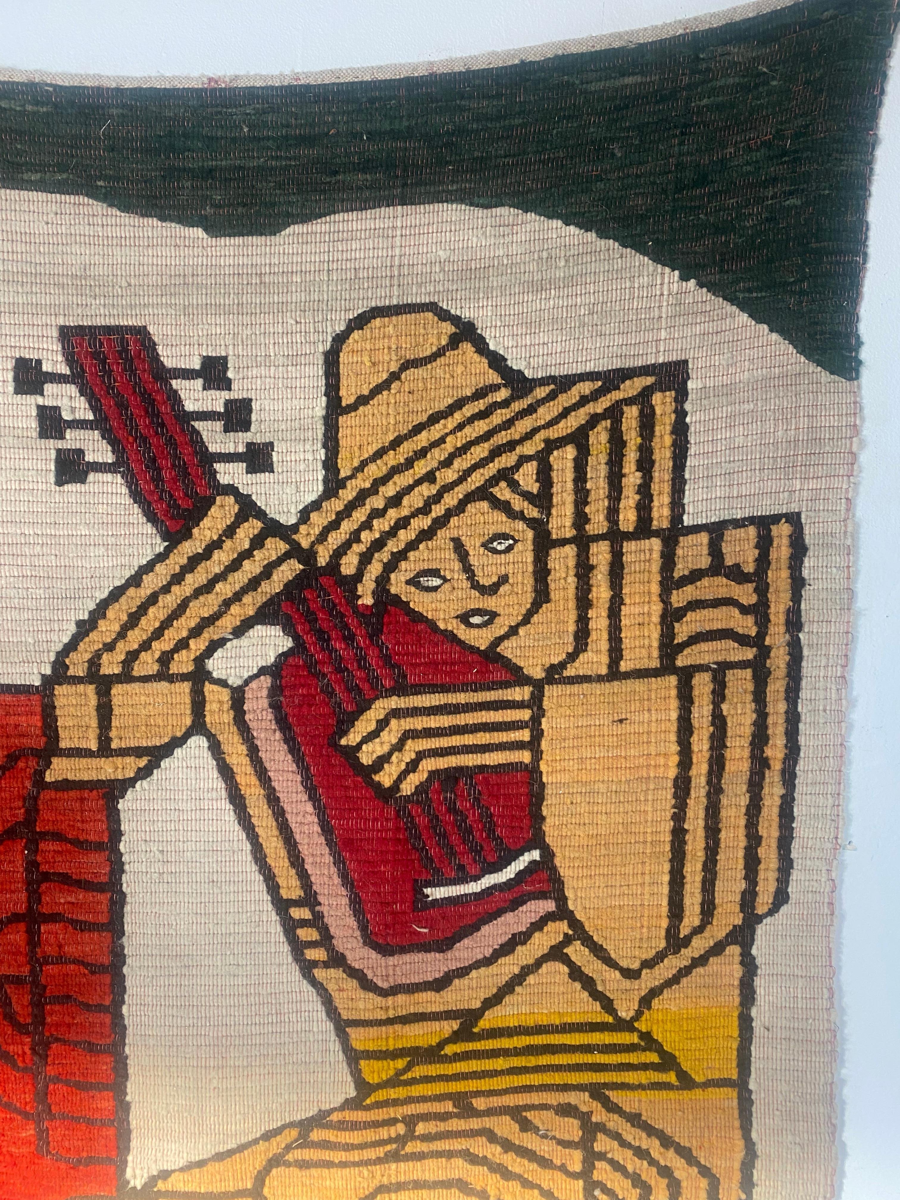 Large Modernist Rug / Weaving, Depicting 3 Musicians, Hand Loomed For Sale 10