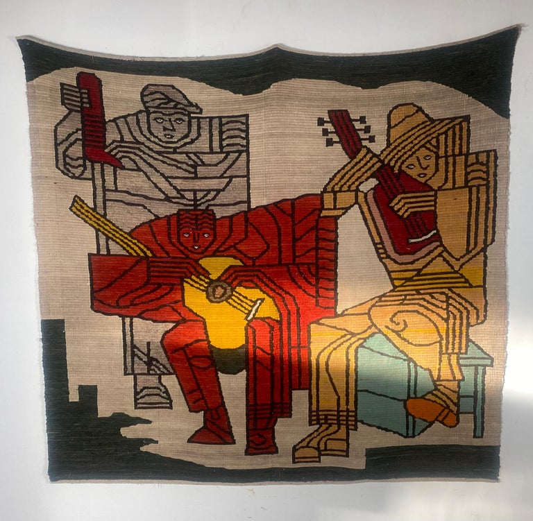 Large Modernist Rug / Weaving, Depicting 3 Musicians, Hand Loomed For