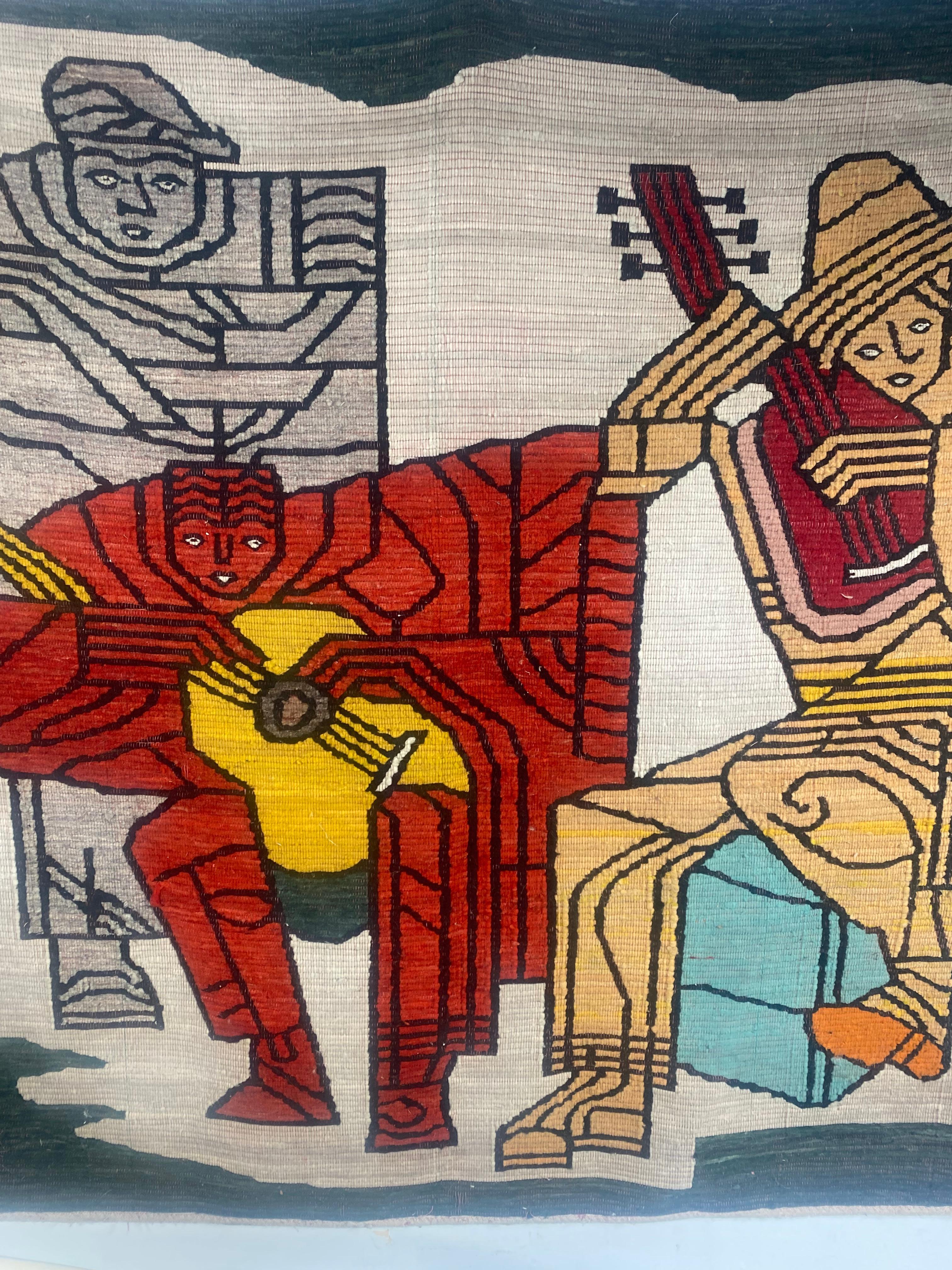 Large Modernist Rug / Weaving, Depicting 3 Musicians, Hand Loomed In Good Condition For Sale In Buffalo, NY