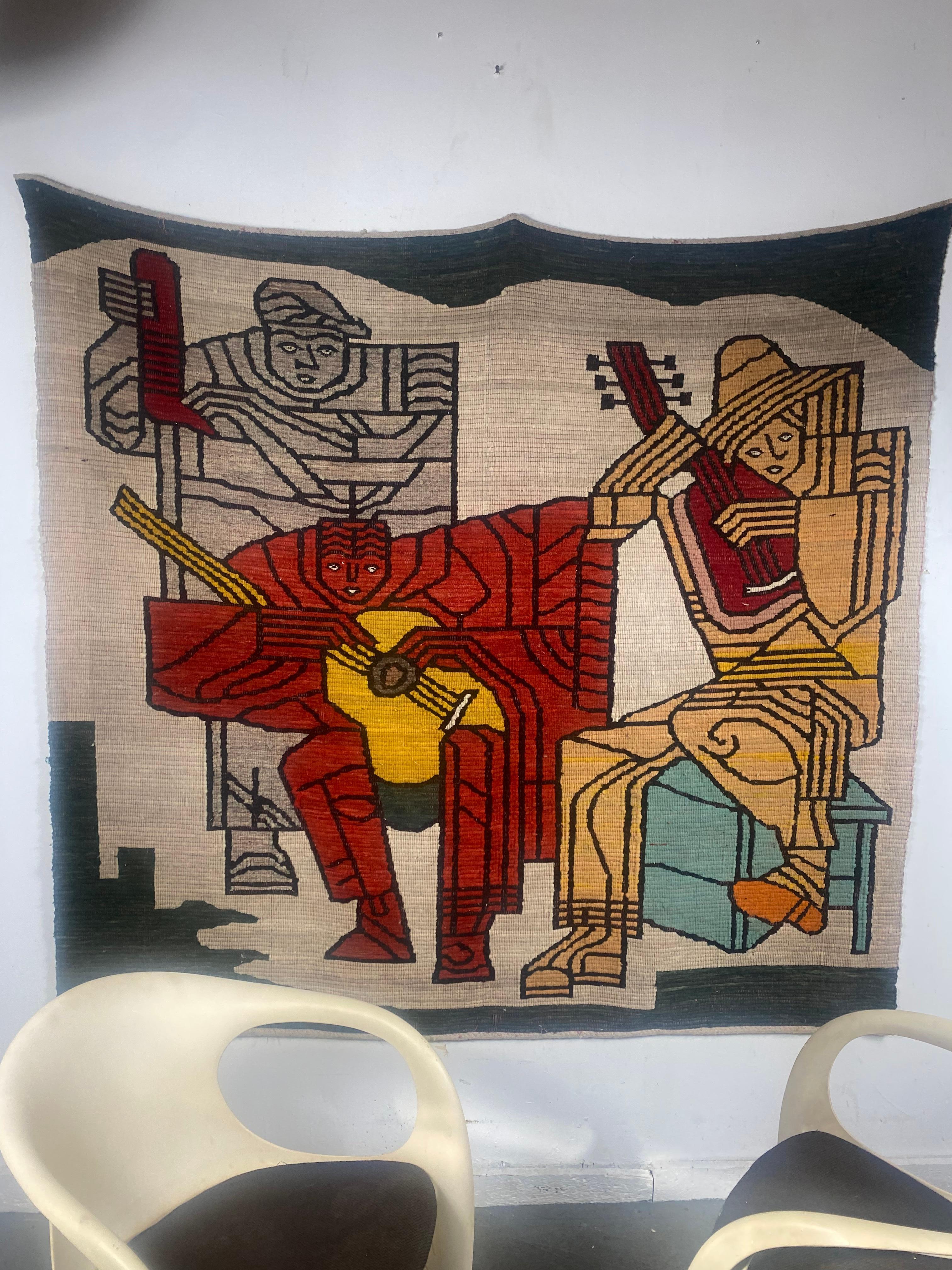 Large Modernist Rug / Weaving, Depicting 3 Musicians, Hand Loomed For Sale 1