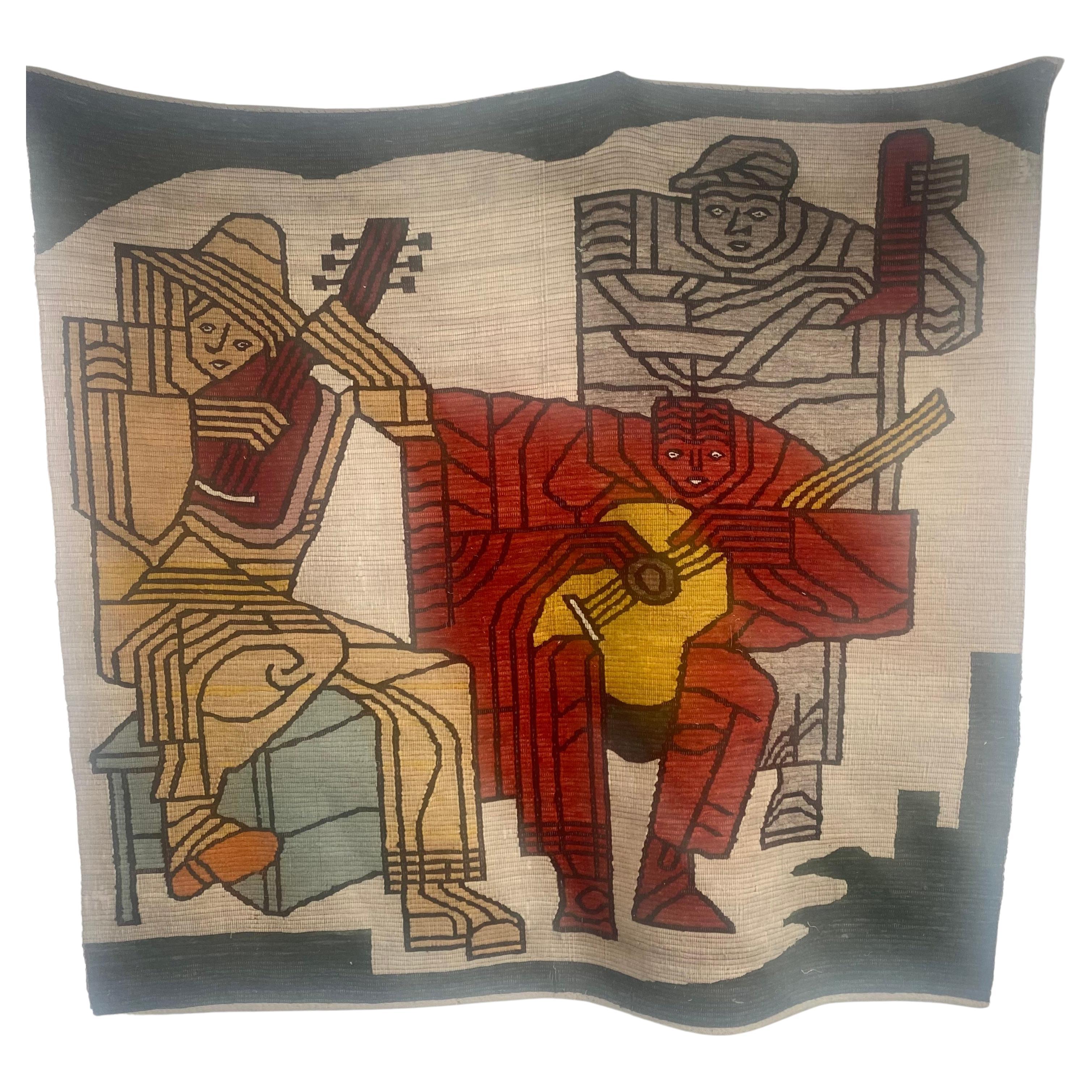 Large Modernist Rug / Weaving, Depicting 3 Musicians, Hand Loomed For Sale