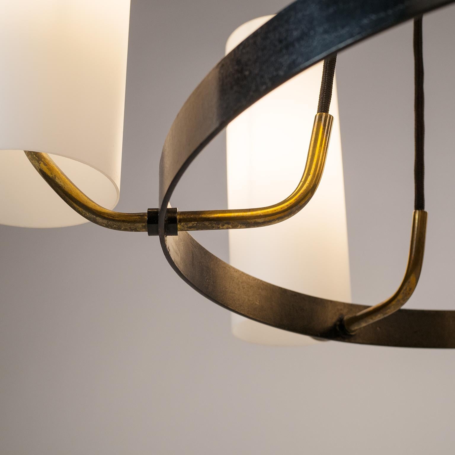 Large Modernist Satin Glass and Brass Chandelier, 1950s 4