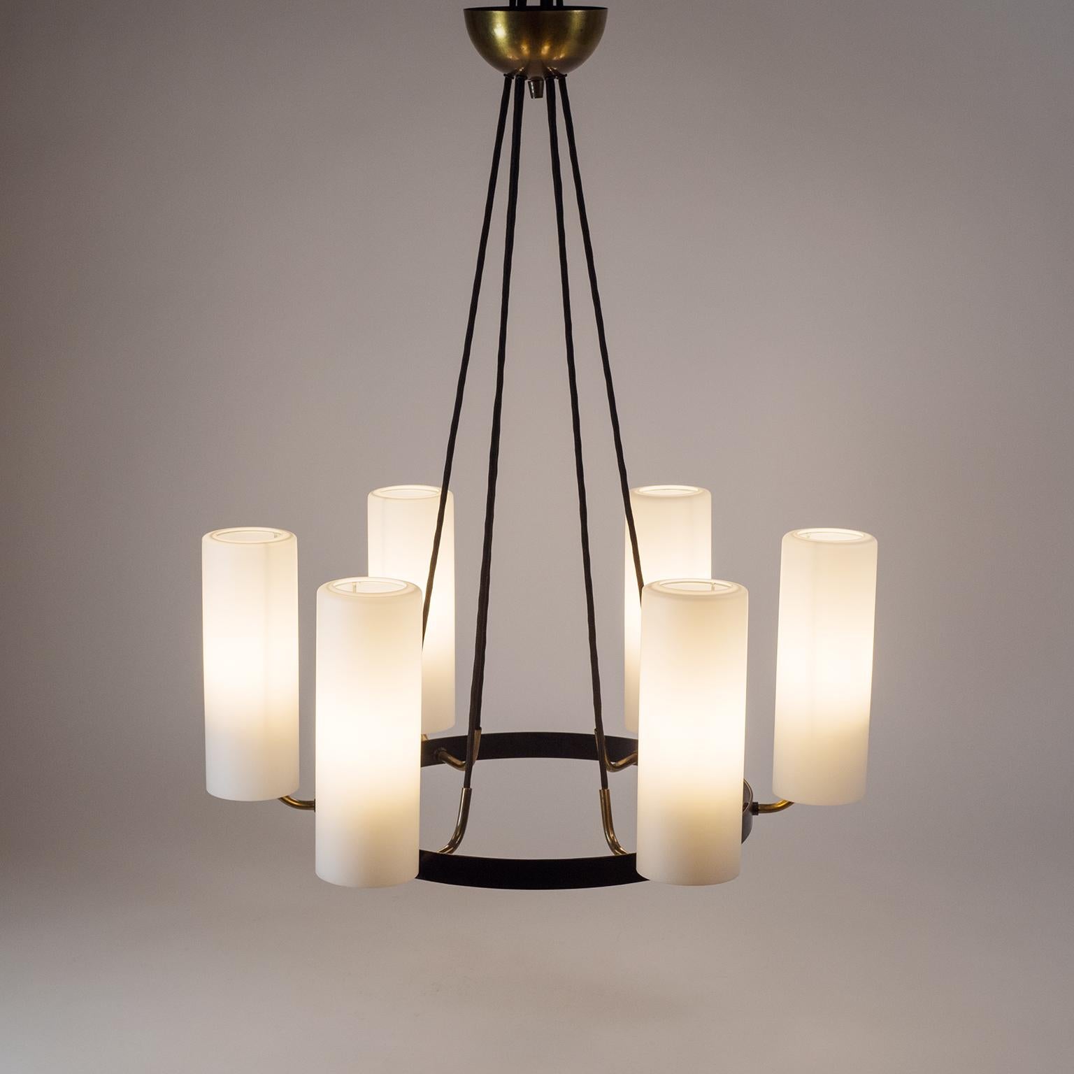 Large Modernist Satin Glass and Brass Chandelier, 1950s 5