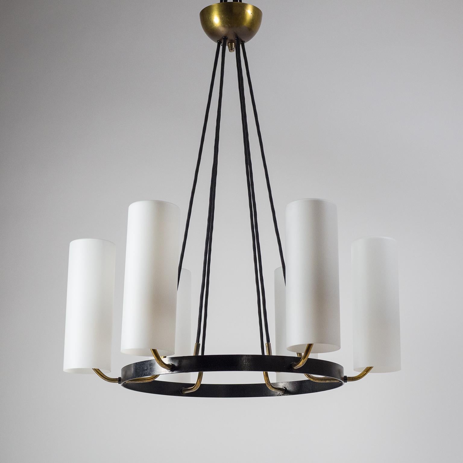 Large Modernist Satin Glass and Brass Chandelier, 1950s 7