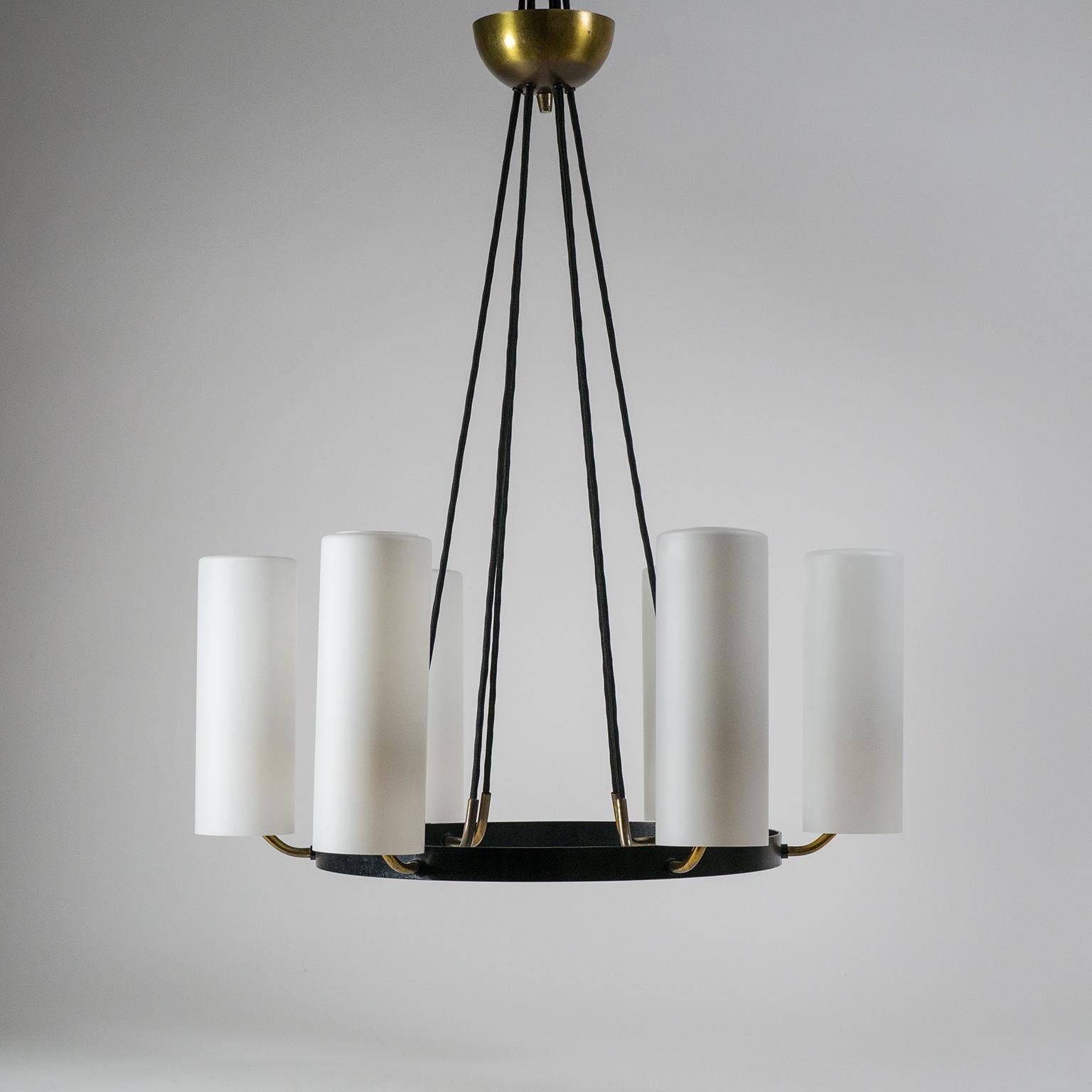 Frosted Large Modernist Satin Glass and Brass Chandelier, 1950s
