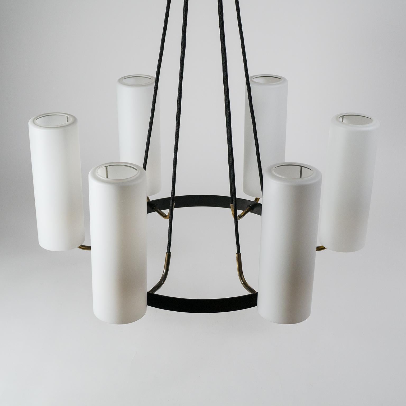Metal Large Modernist Satin Glass and Brass Chandelier, 1950s