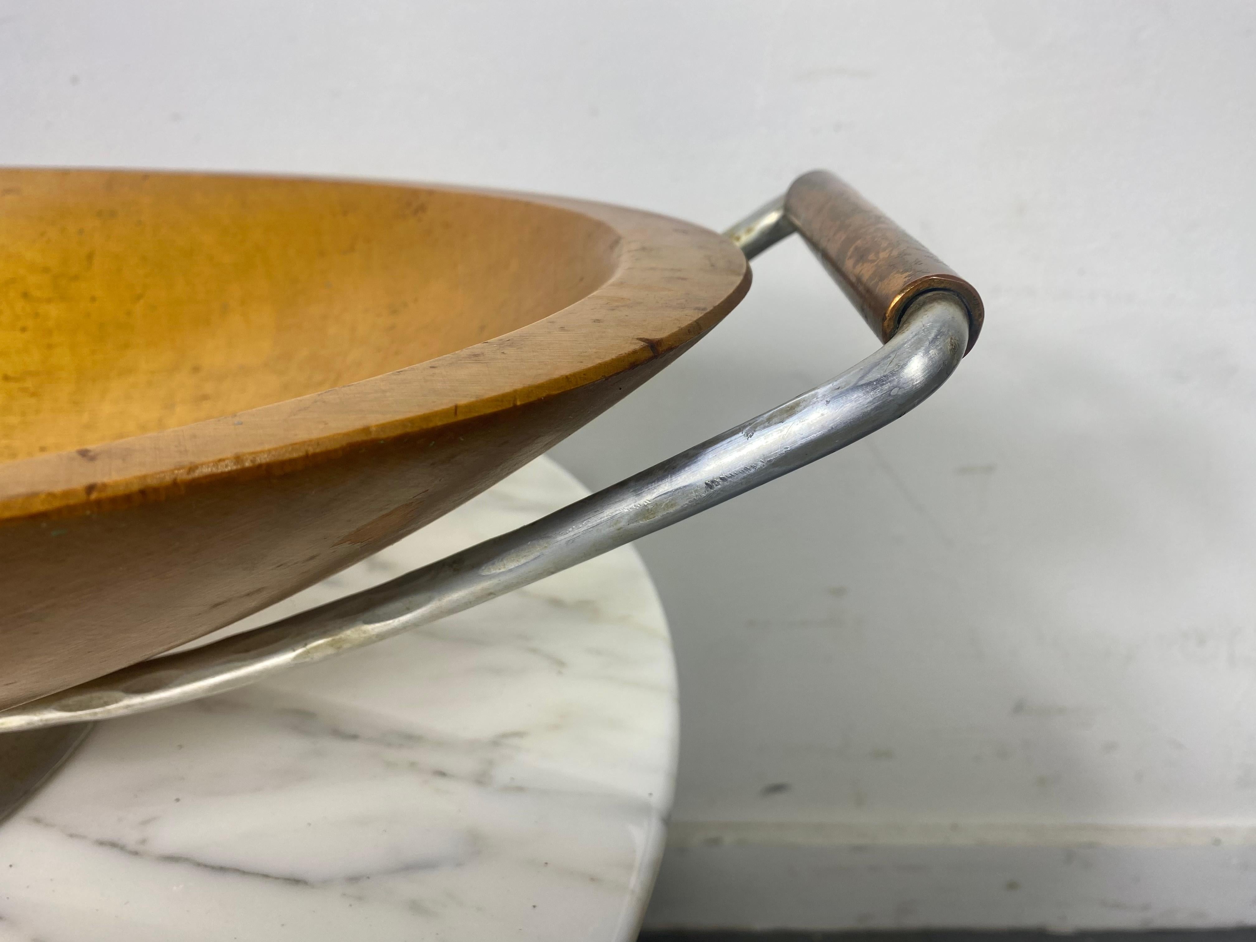 Large  , Unusual Modernist Teak, hammered aluminum and copper (handle) centerpiece / bowl .. Beautifully crafted .Amazing design. 