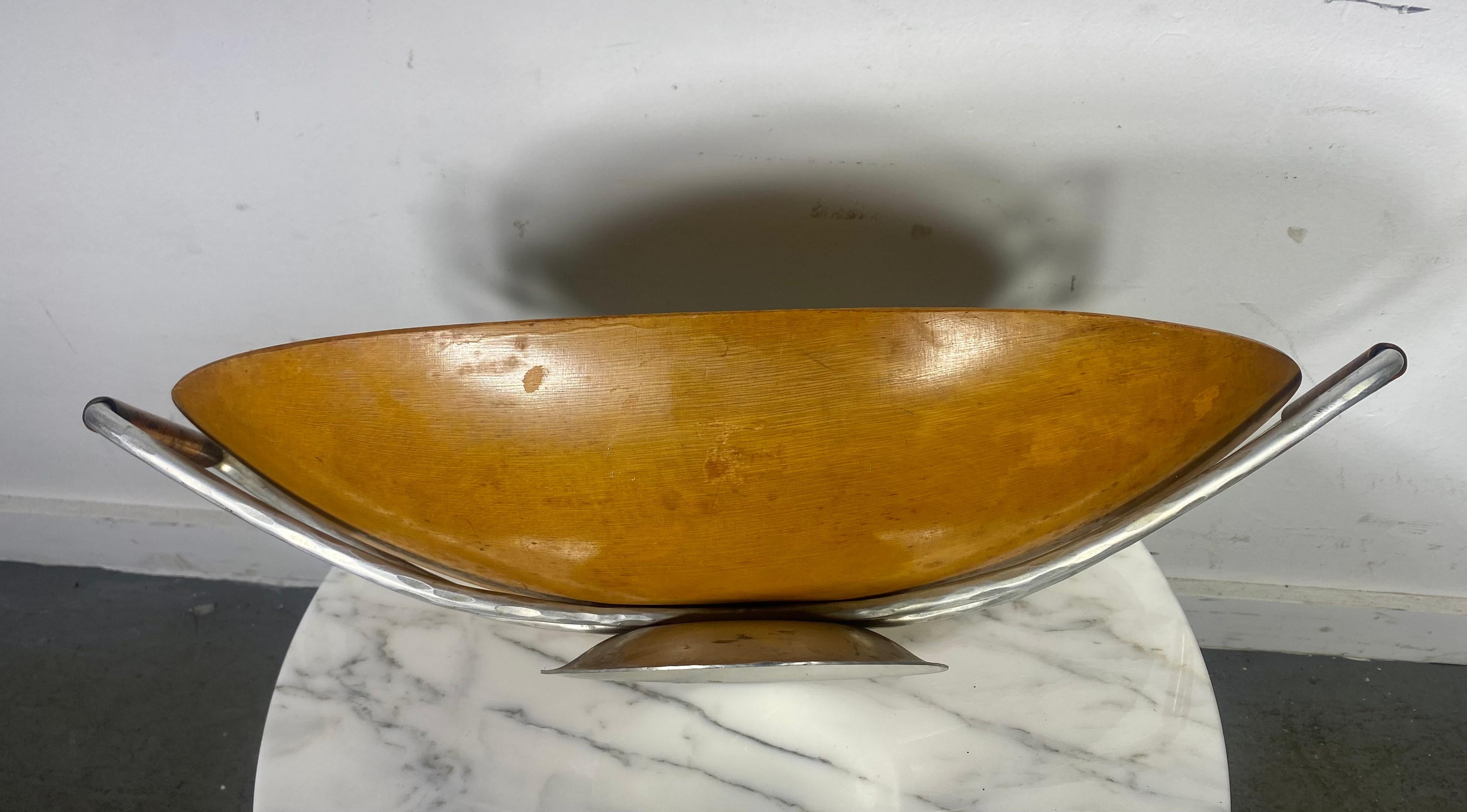 Hammered Large Modernist Teak, hammered aluminum, copper centerpiece / bowl  For Sale
