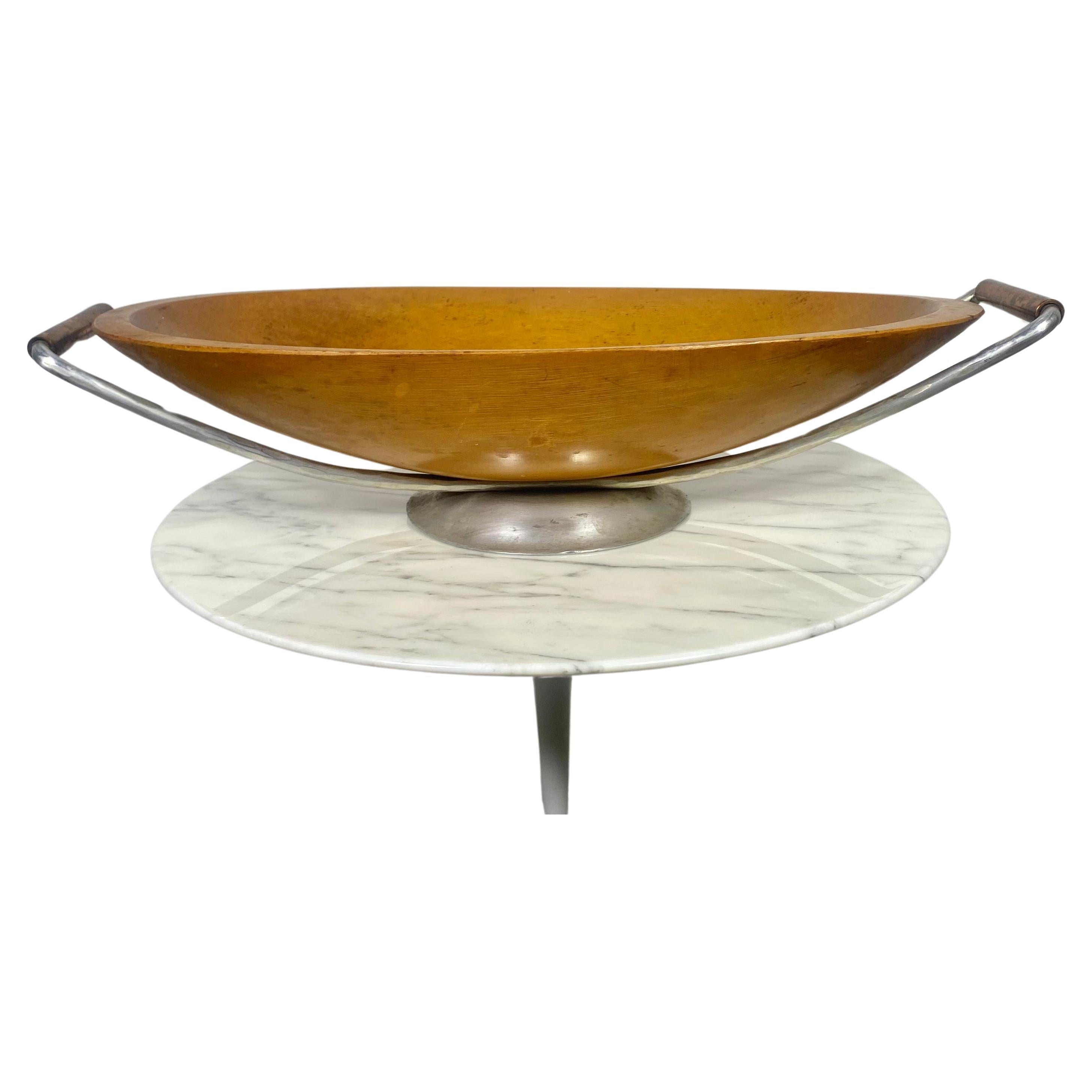 Large Modernist Teak, hammered aluminum, copper centerpiece / bowl  For Sale