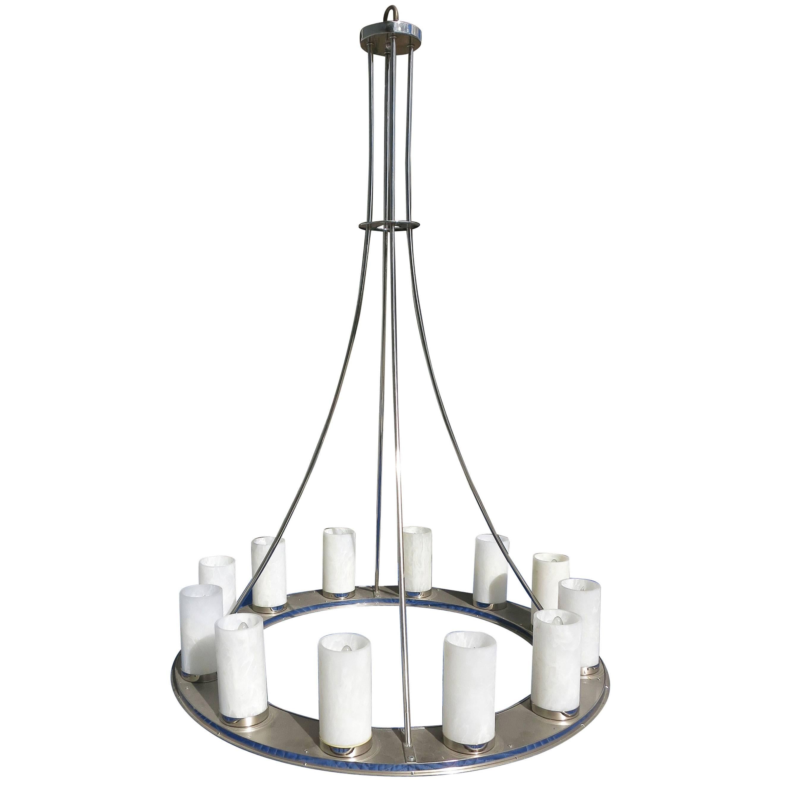Large modernist twelve-light nickel finished chandelier with four pole design and acrylic shades. 

Product handcrafted in the USA with the highest quality materials and over 30 years of experience in luxury: Lighting (chandeliers, floor lamps,