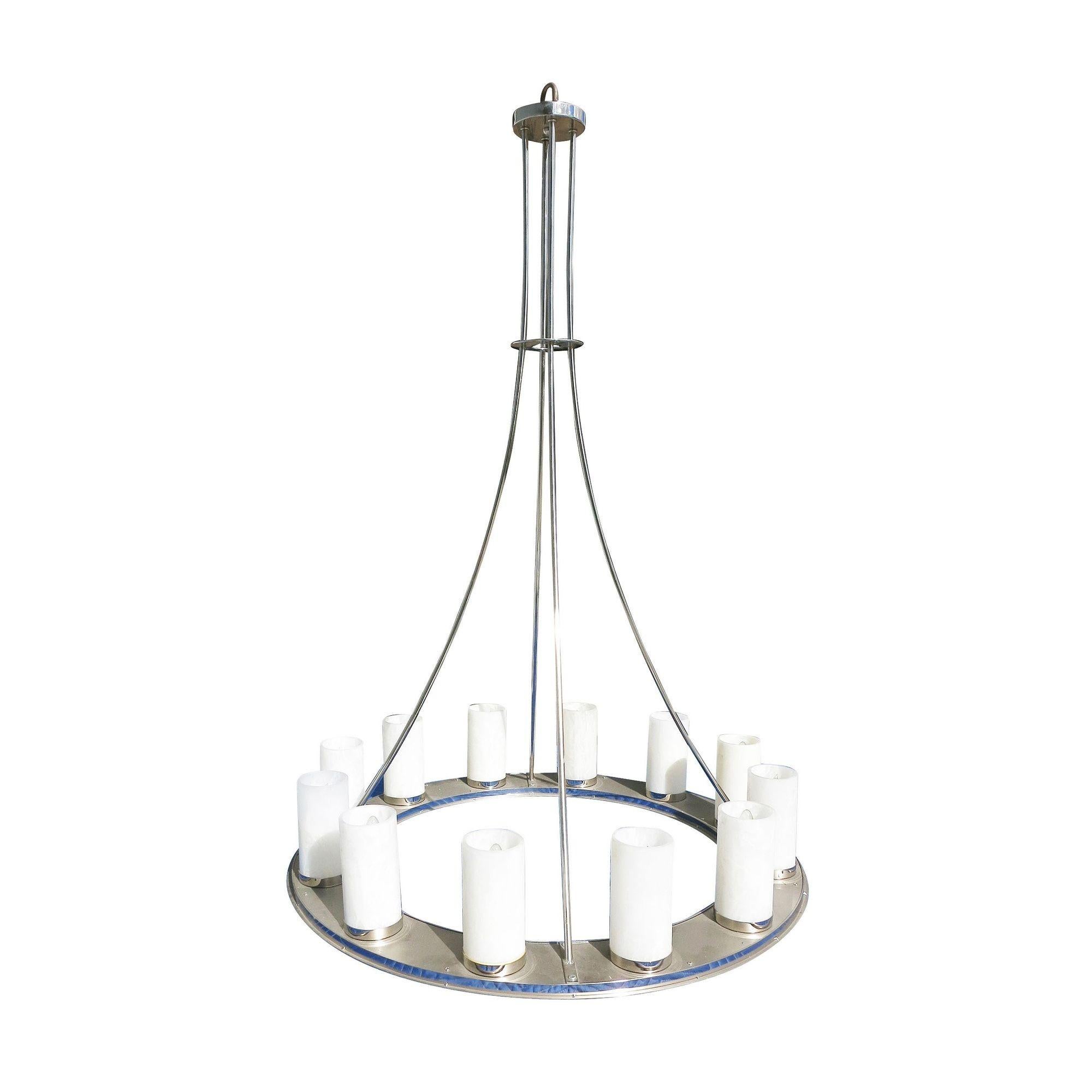 Large Modernist Twelve-Light Nickel Finished Chandelier In condizioni ottime in vendita a Van Nuys, CA