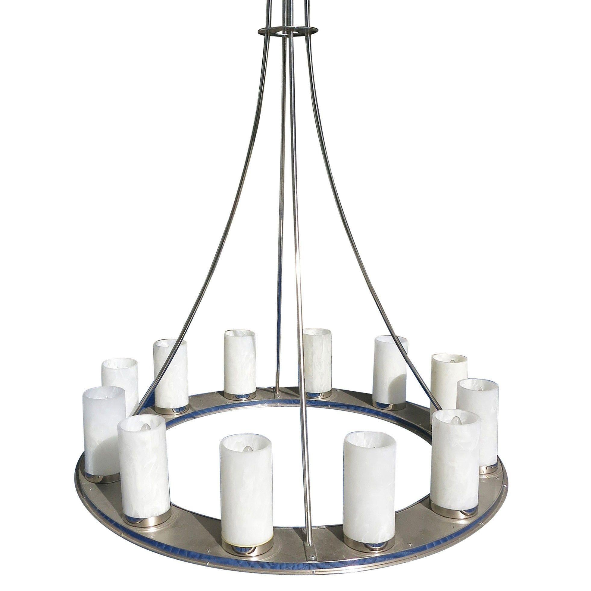 XXI secolo e contemporaneo Large Modernist Twelve-Light Nickel Finished Chandelier in vendita
