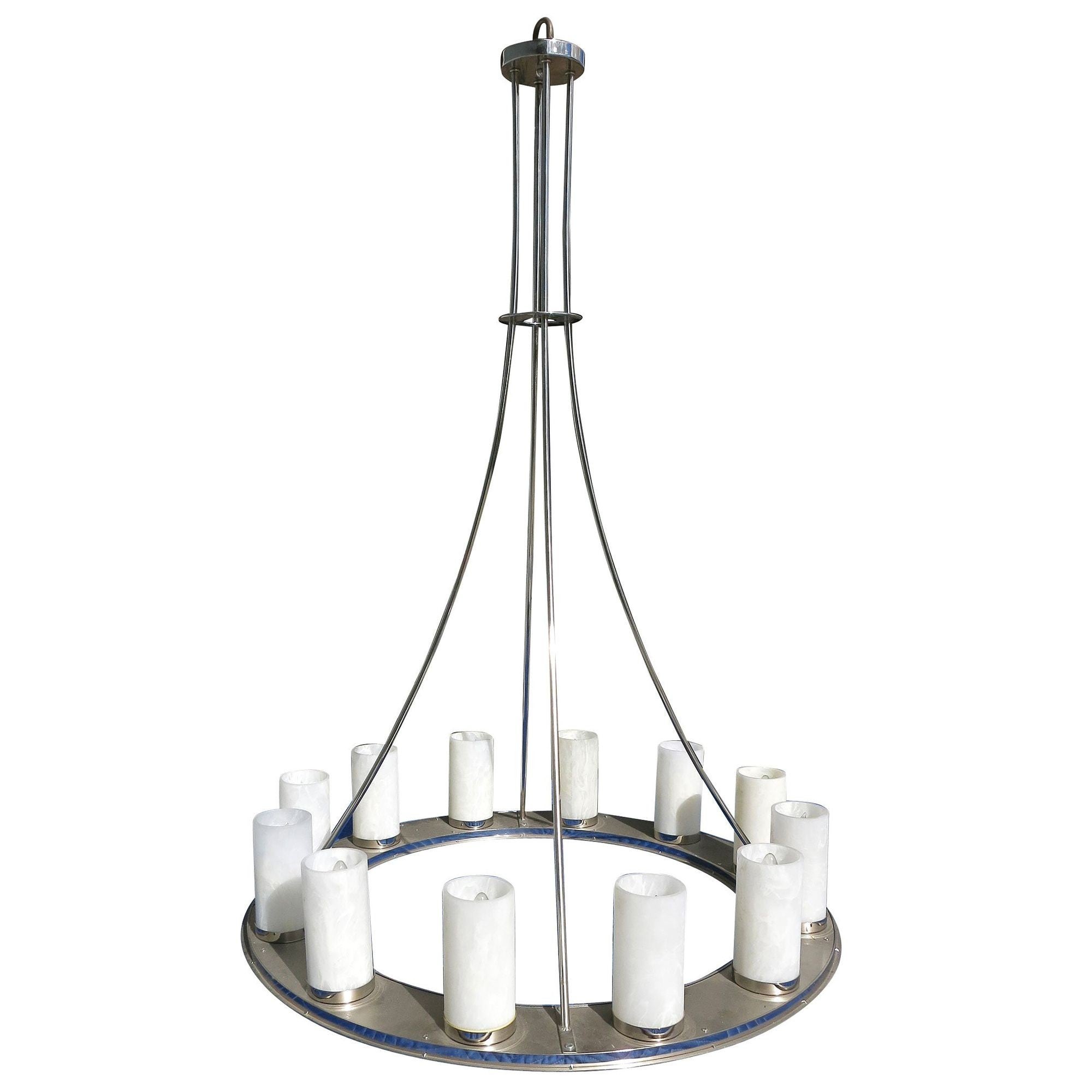 Large Modernist Twelve-Light Nickel Finished Chandelier