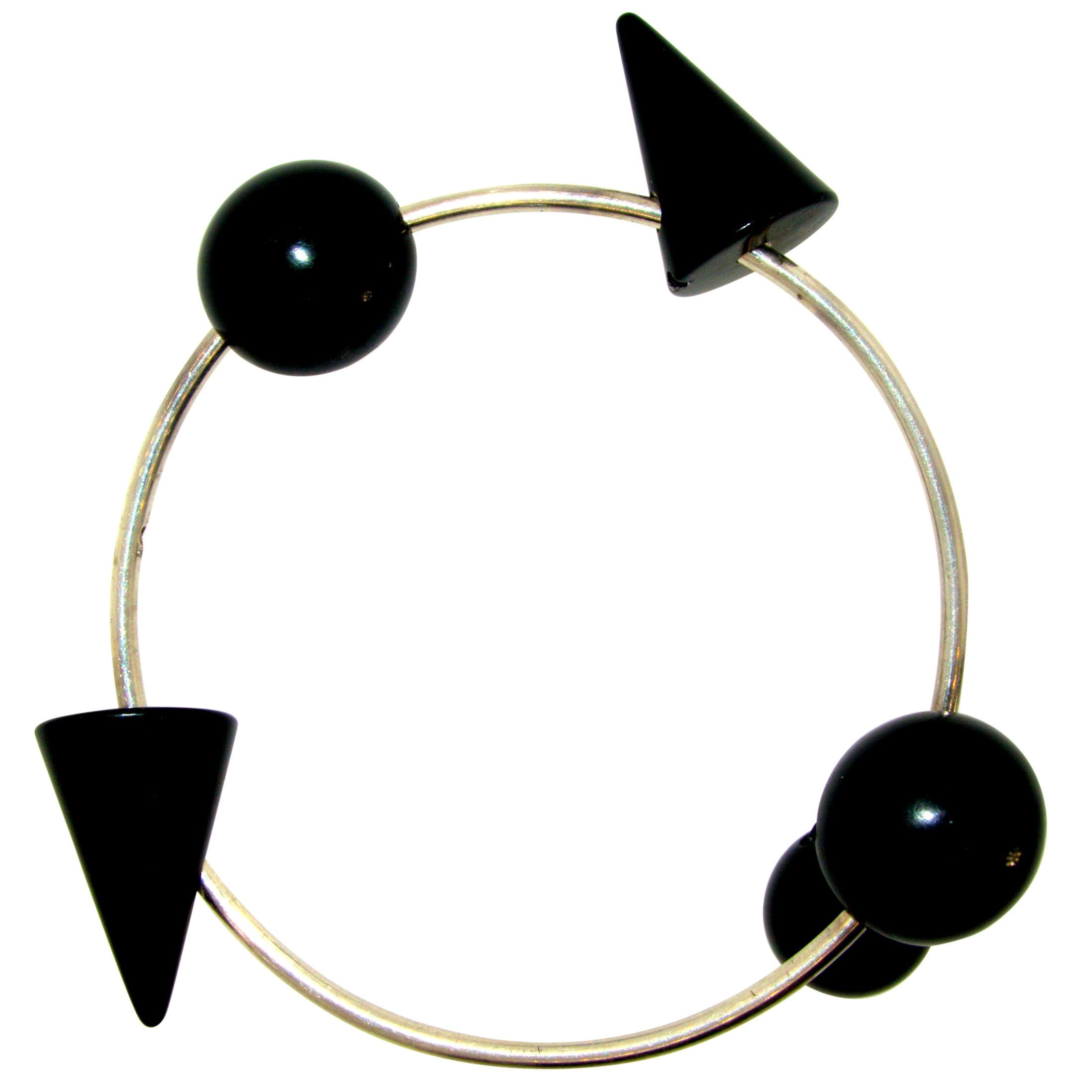 Large Modernistic Blackened Ceramic and Steel Bracelet