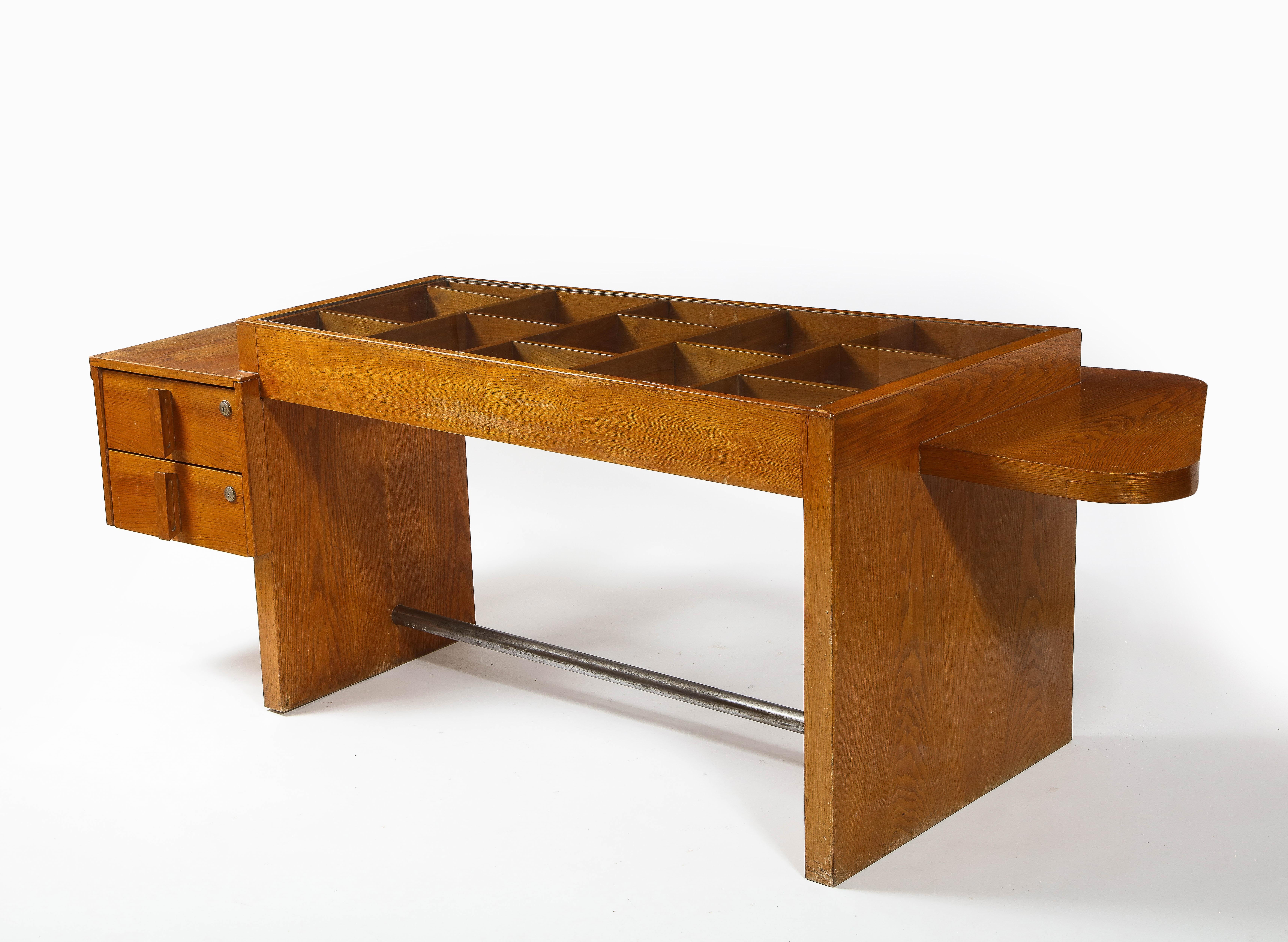 Large Oak & Class Modernist Desk, France 1950's For Sale 6