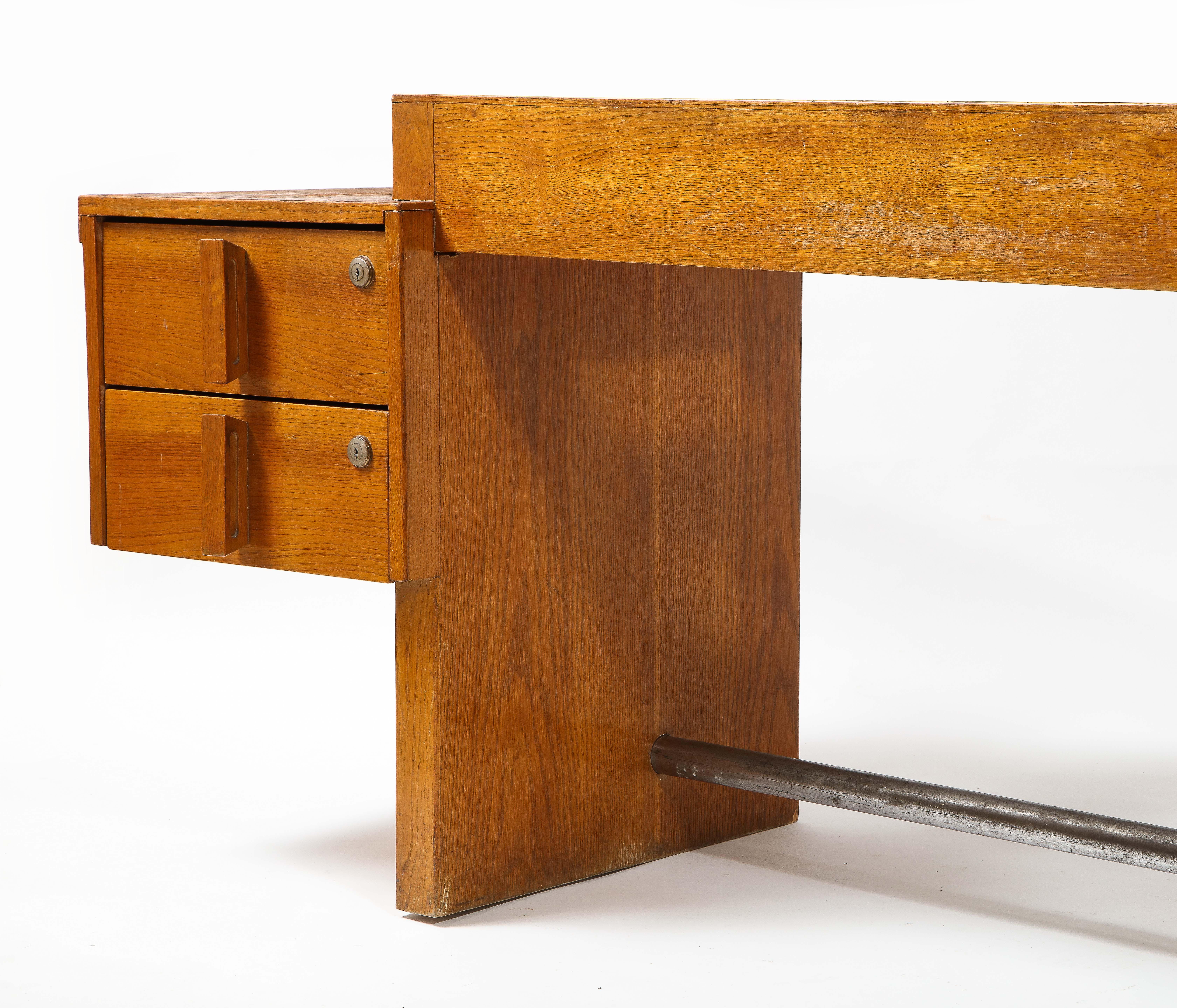 Large Oak & Class Modernist Desk, France 1950's For Sale 7