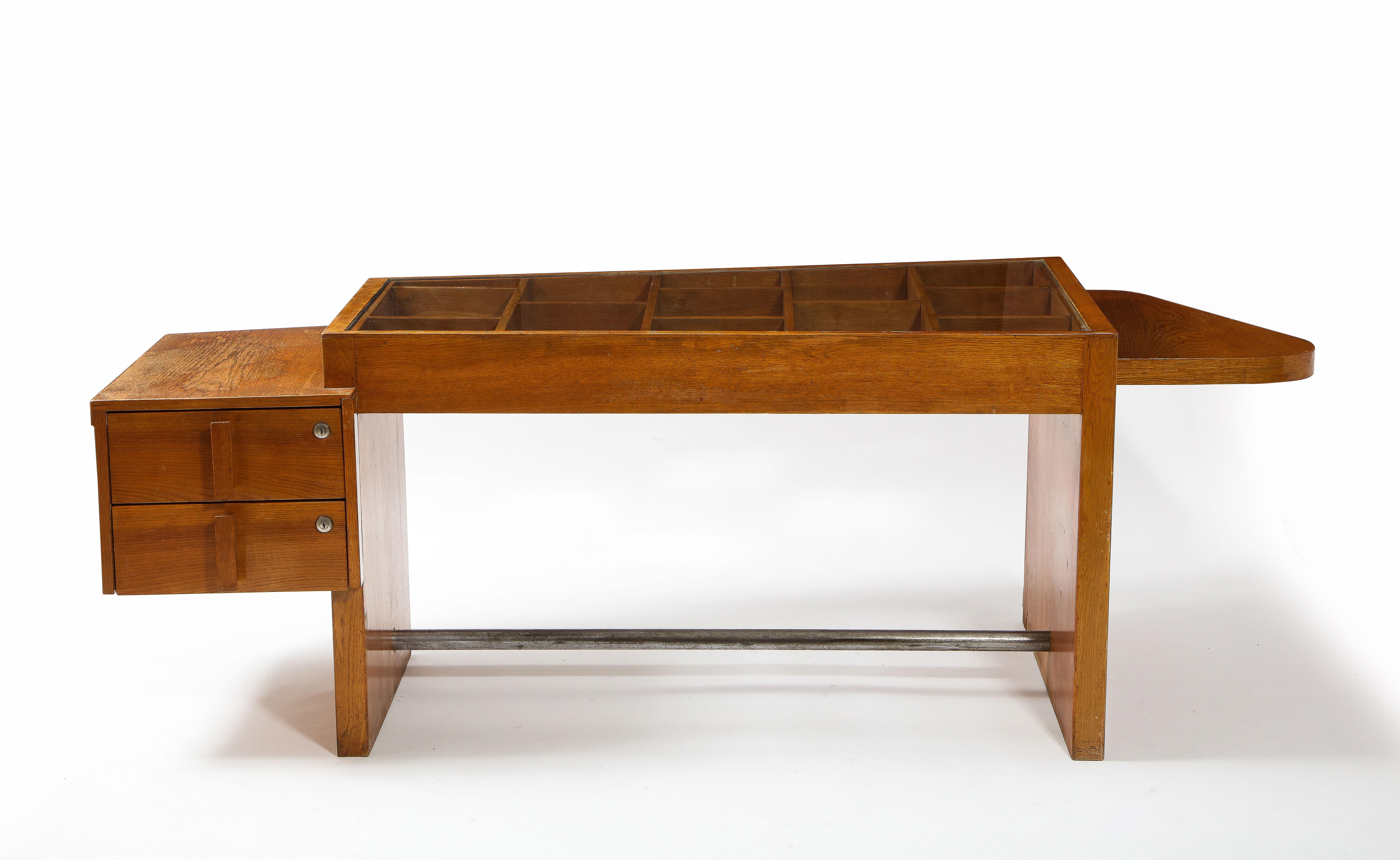 Large Oak & Class Modernist Desk, France 1950's For Sale 9