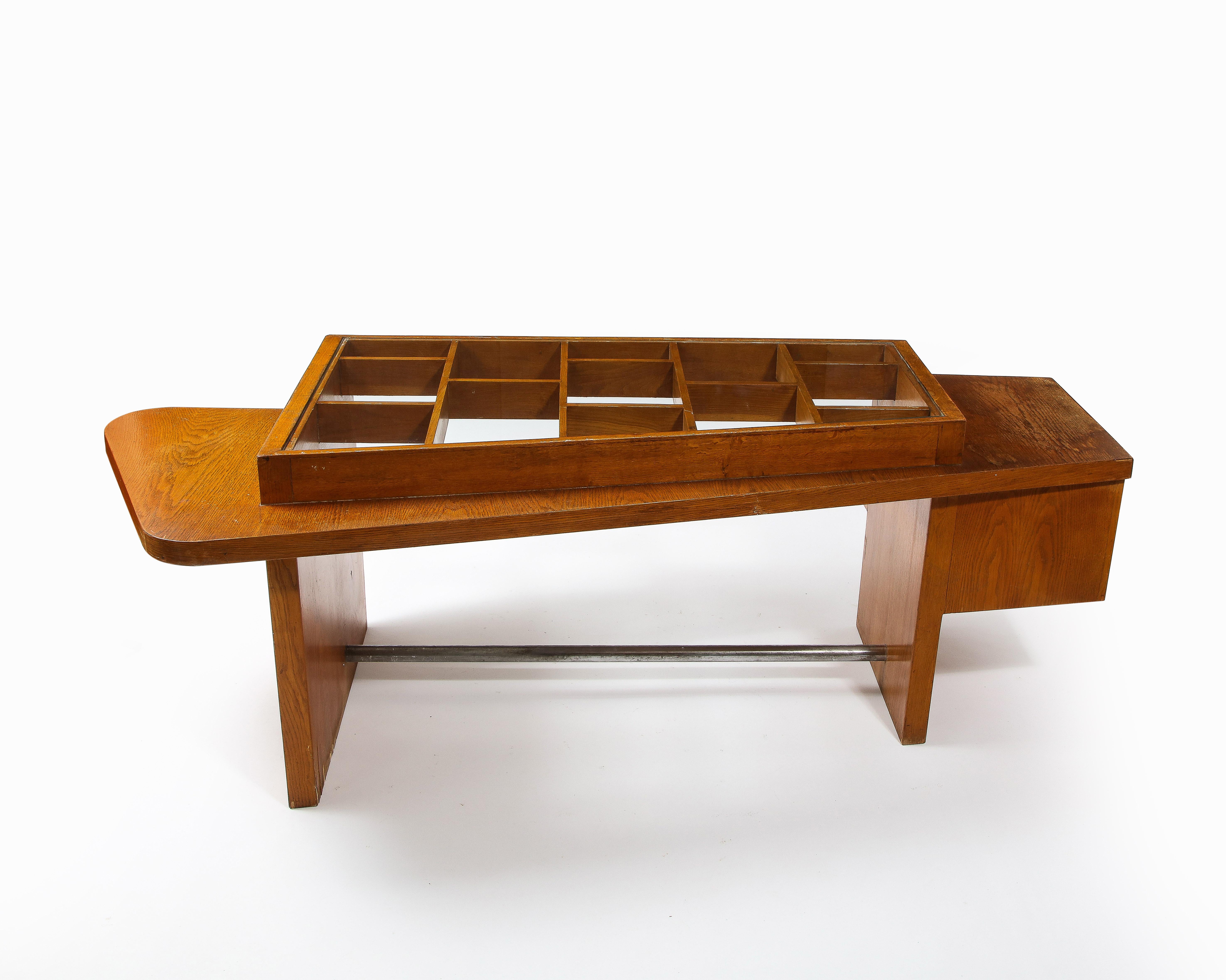 Mid-Century Modern Large Oak & Class Modernist Desk, France 1950's For Sale