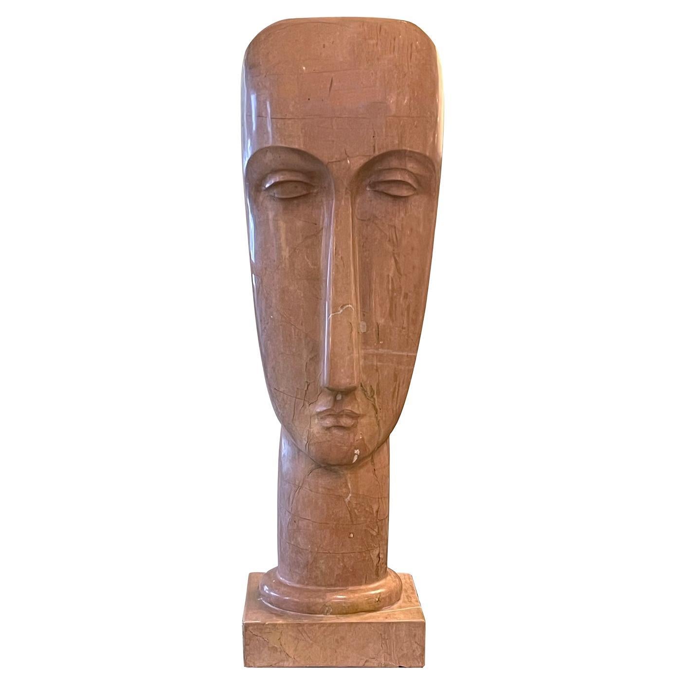 Large Modigliani-inspired Abstract Head Sculpture in Rosso Alicante Marble