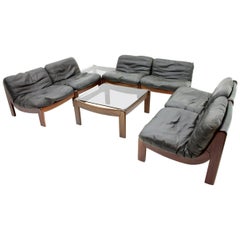 Large Modular Lounge Living Room Set in Mahogany and Black Leather, 1970s Sofa
