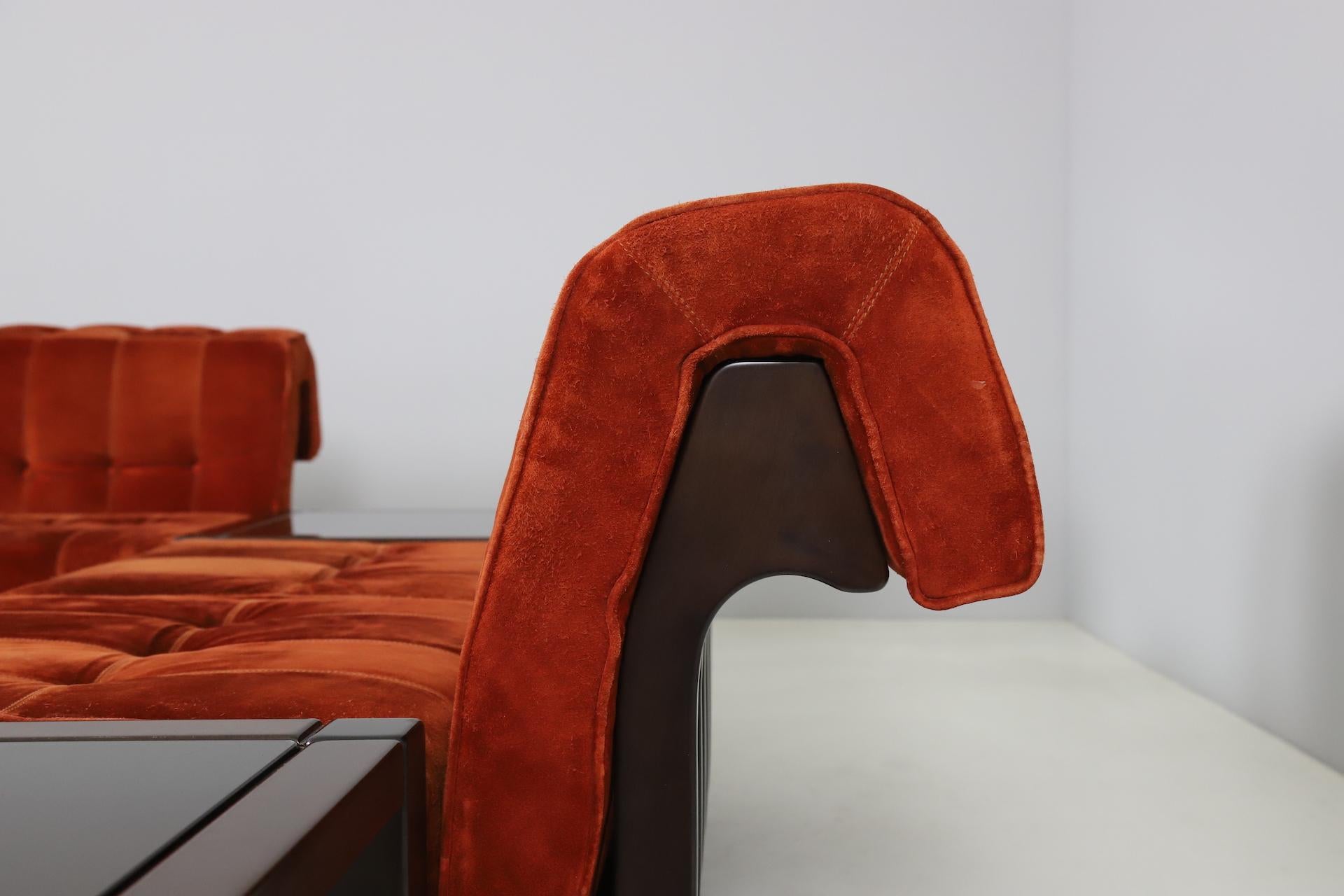 Large Modular Sofa by Luciano Frigerio in Suede and Mahogany, Italy, 1960s 4