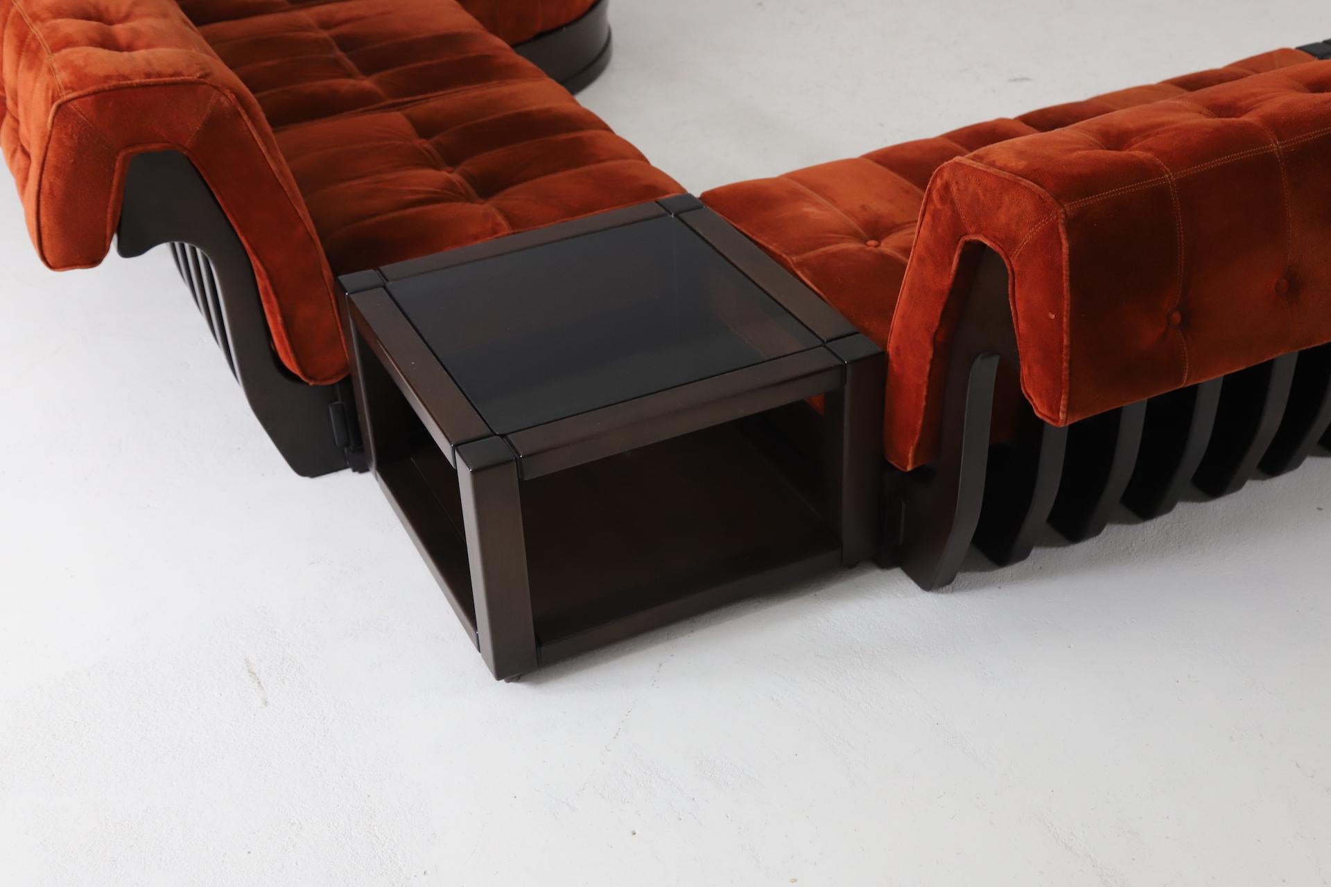 Large Modular Sofa by Luciano Frigerio in Suede and Mahogany, Italy, 1960s 5