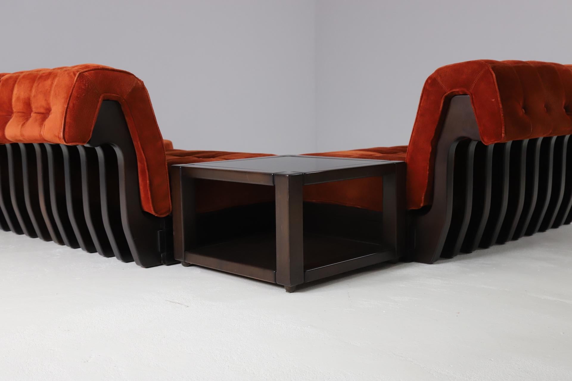 Large Modular Sofa by Luciano Frigerio in Suede and Mahogany, Italy, 1960s 6