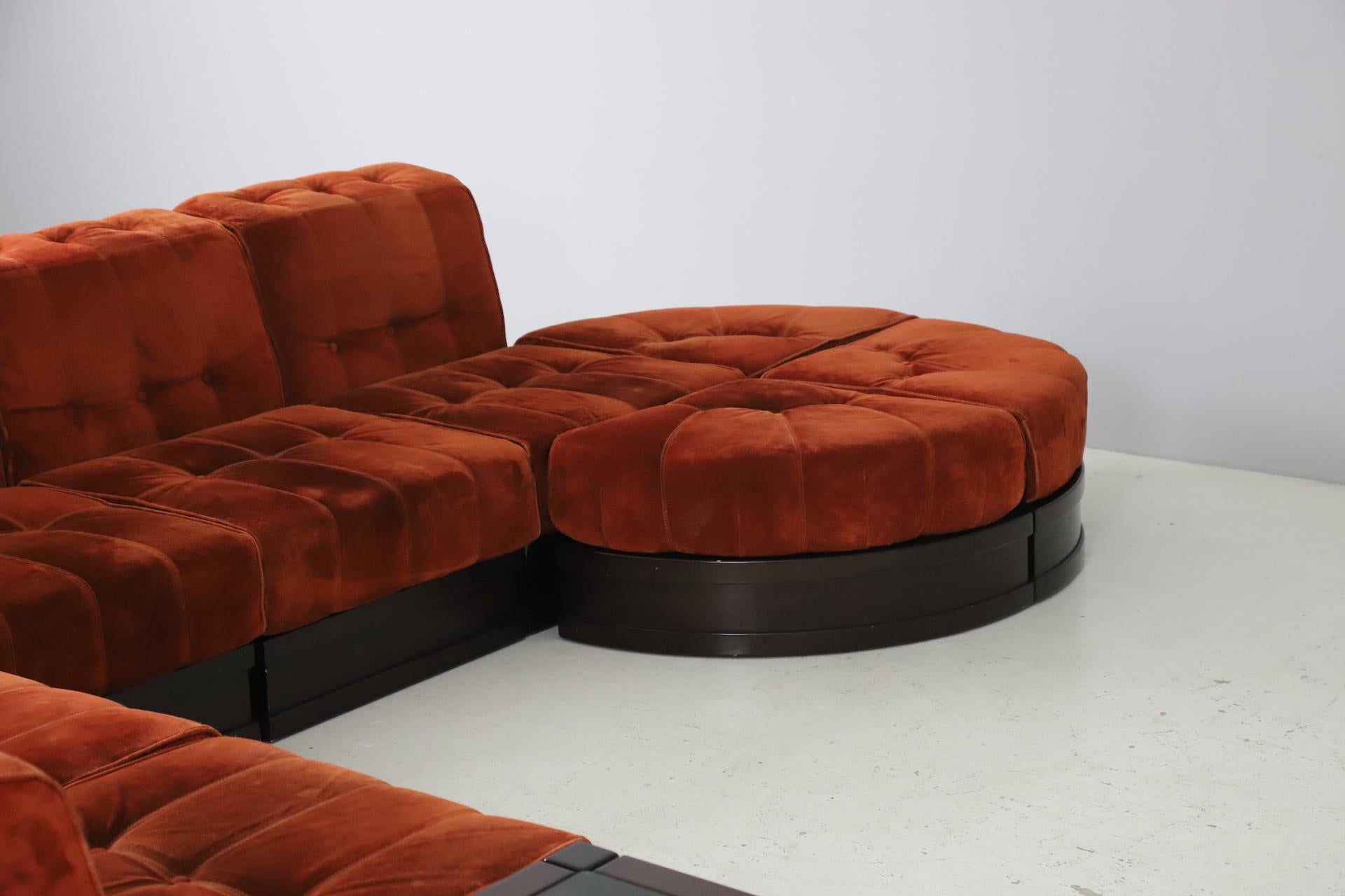 Large Modular Sofa by Luciano Frigerio in Suede and Mahogany, Italy, 1960s 7