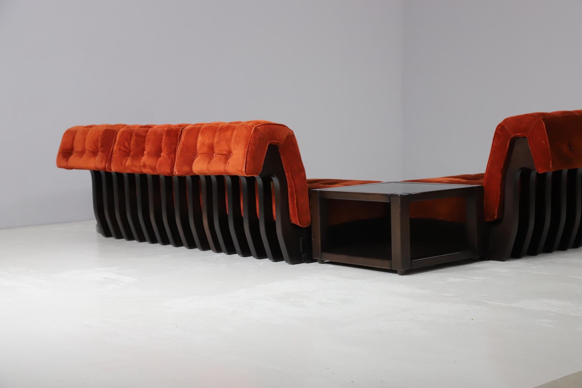 Large Modular Sofa by Luciano Frigerio in Suede and Mahogany, Italy, 1960s 8