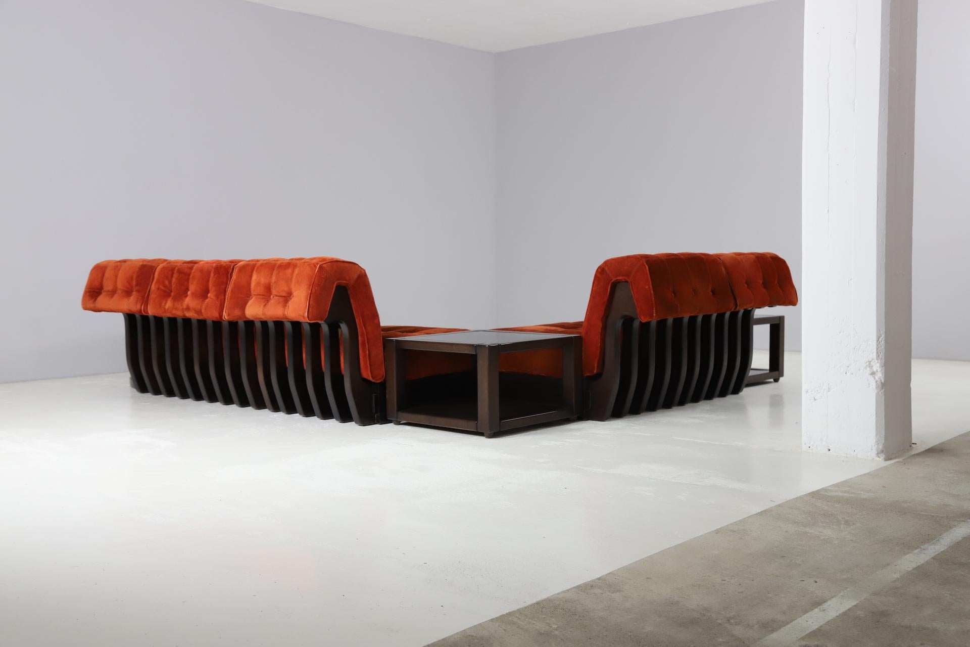 Mid-Century Modern Large Modular Sofa by Luciano Frigerio in Suede and Mahogany, Italy, 1960s