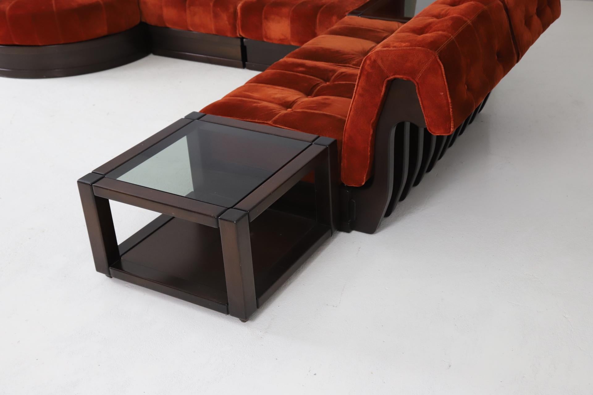 Italian Large Modular Sofa by Luciano Frigerio in Suede and Mahogany, Italy, 1960s