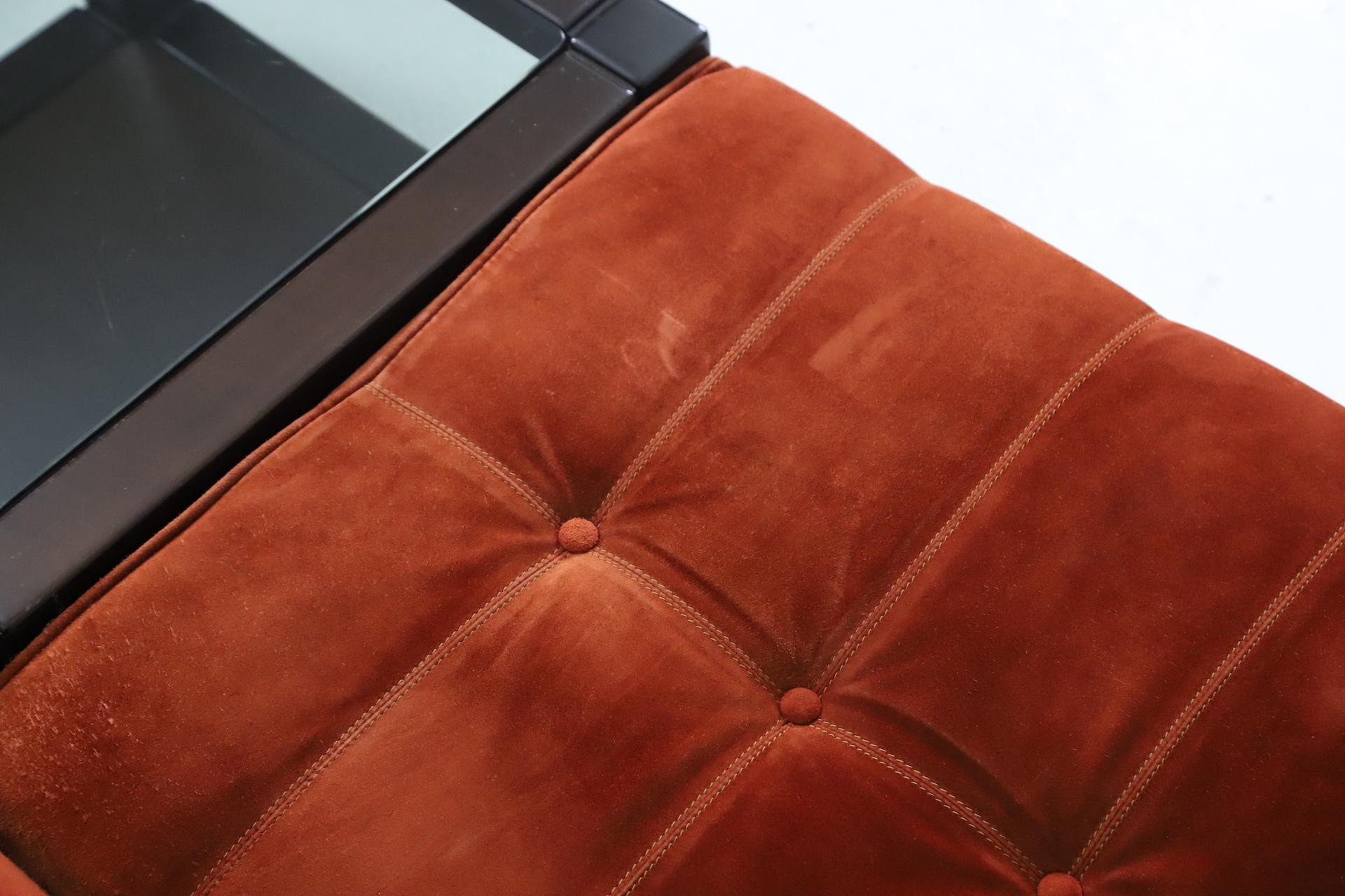 Large Modular Sofa by Luciano Frigerio in Suede and Mahogany, Italy, 1960s 3