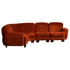 Large modular velvet sofa with wooden feet, Italy 1980