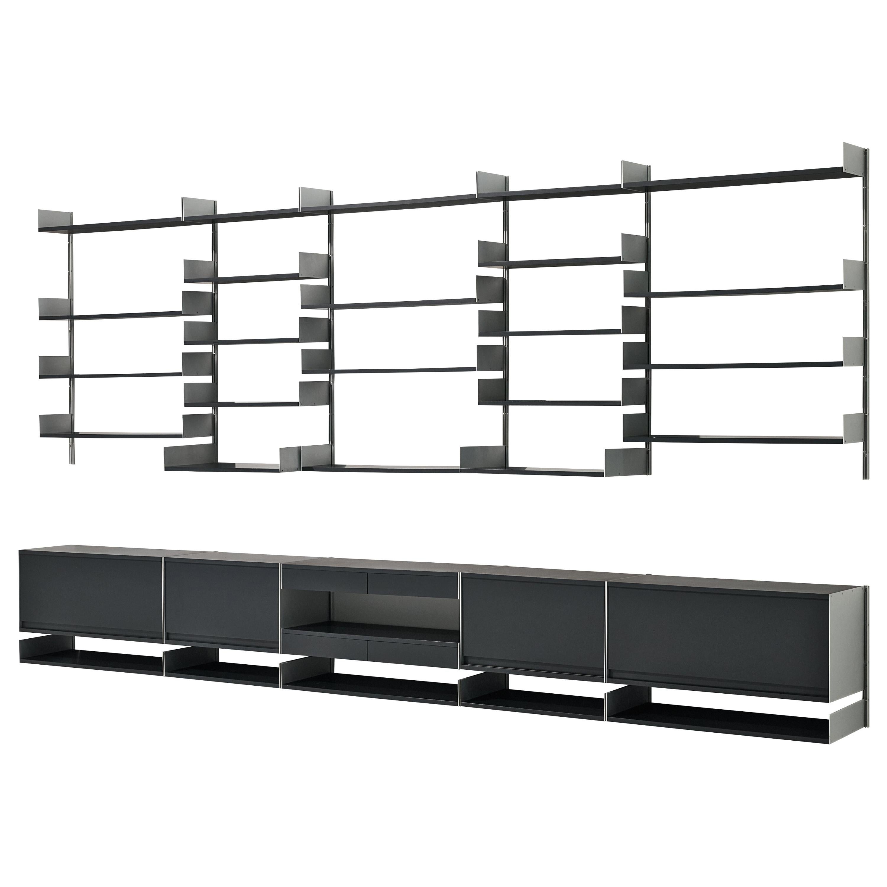 Large Modular Wall Unit by Dieter Rams in Aluminum and Black Wood