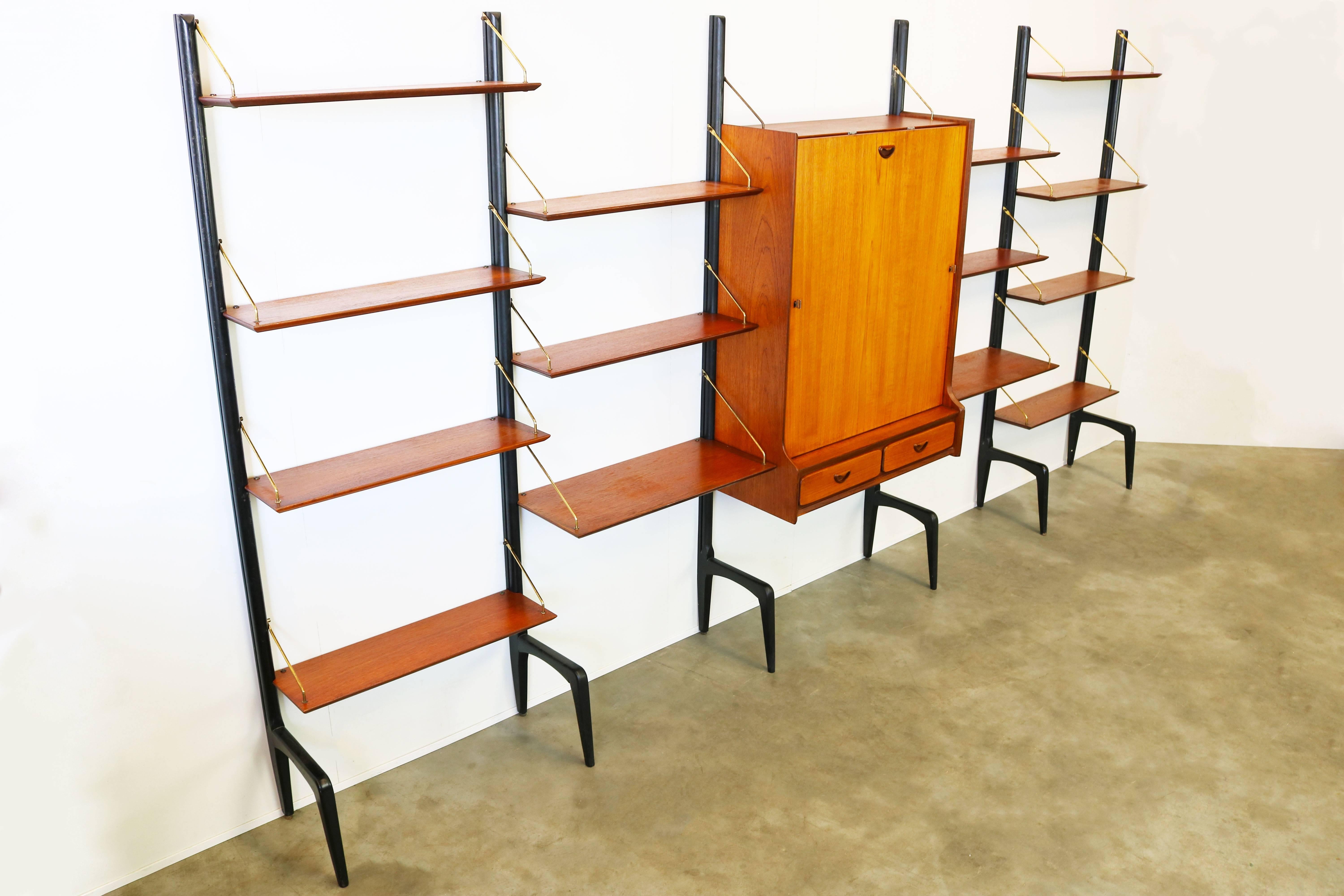 Mid-Century Modern Large Modular Wall Unit Louis van Teeffelen for Webe 1950s in Teak Brass Black