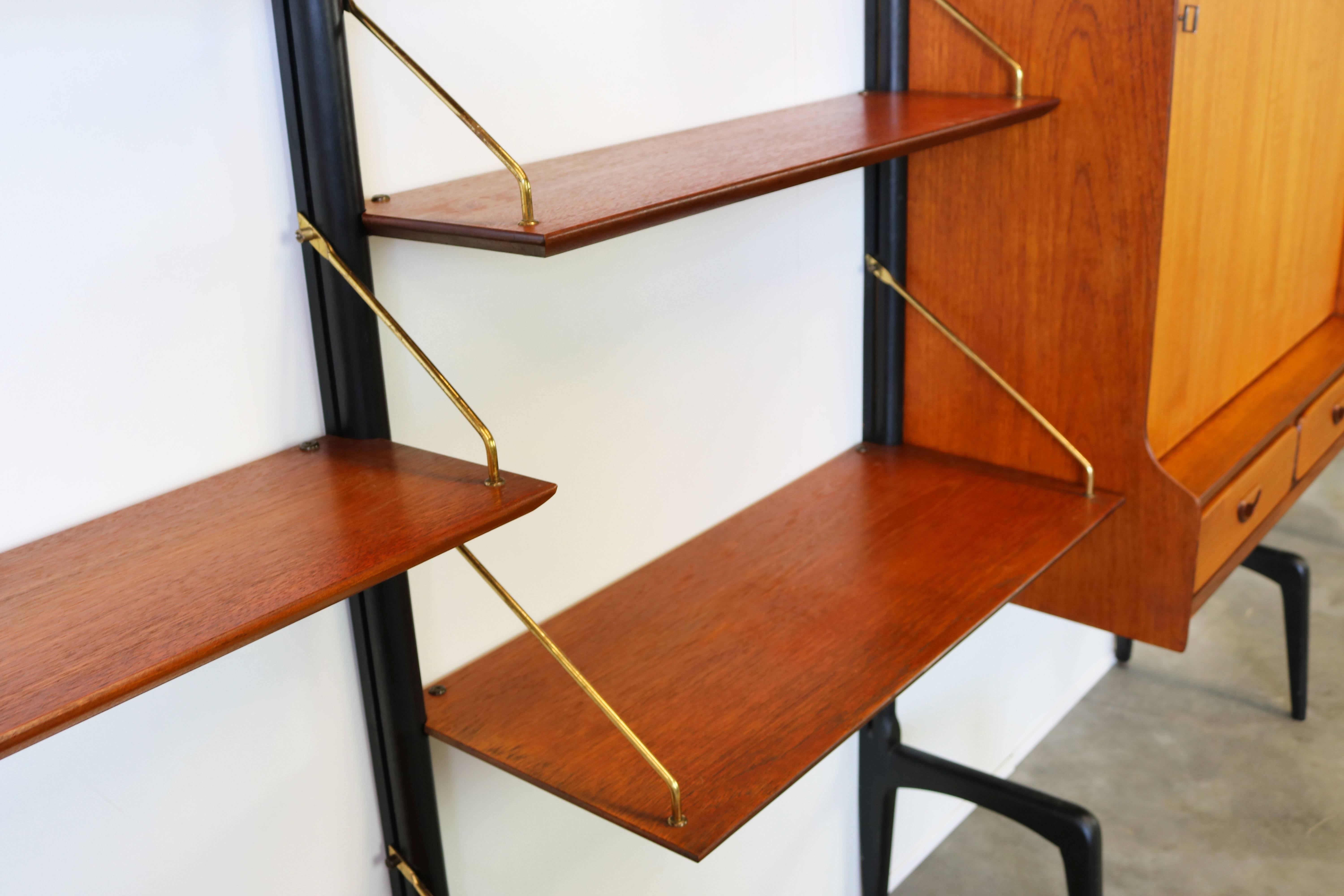 Dutch Large Modular Wall Unit Louis van Teeffelen for Webe 1950s in Teak Brass Black